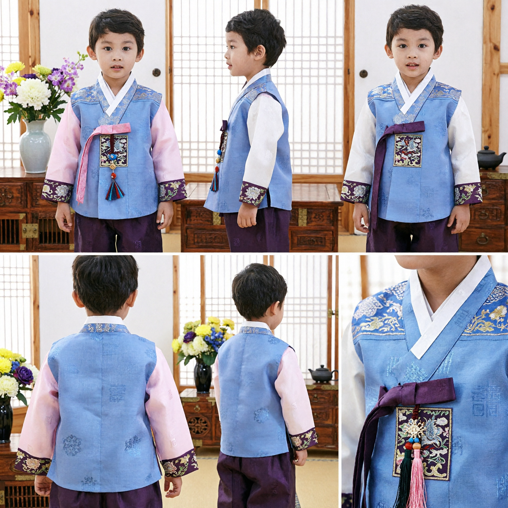 Traditional Korean Hanbok for Boys Blue Vest Pink Sleeves Formal Cultural Costume Kids Holiday Wear