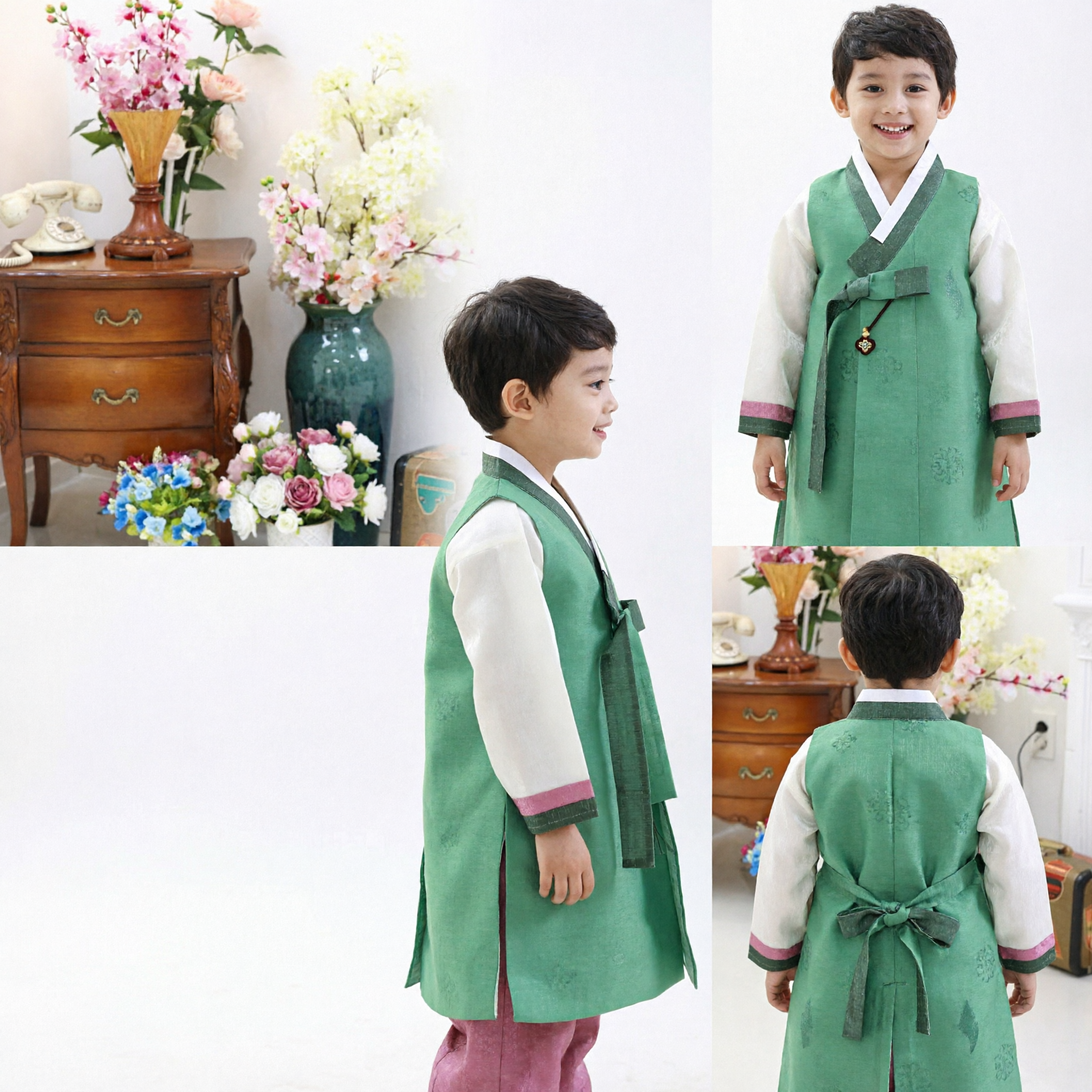 Boys Traditional Korean Hanbok Green Vest Set Kids Formal Cultural Clothing For Festivals And Celebrations