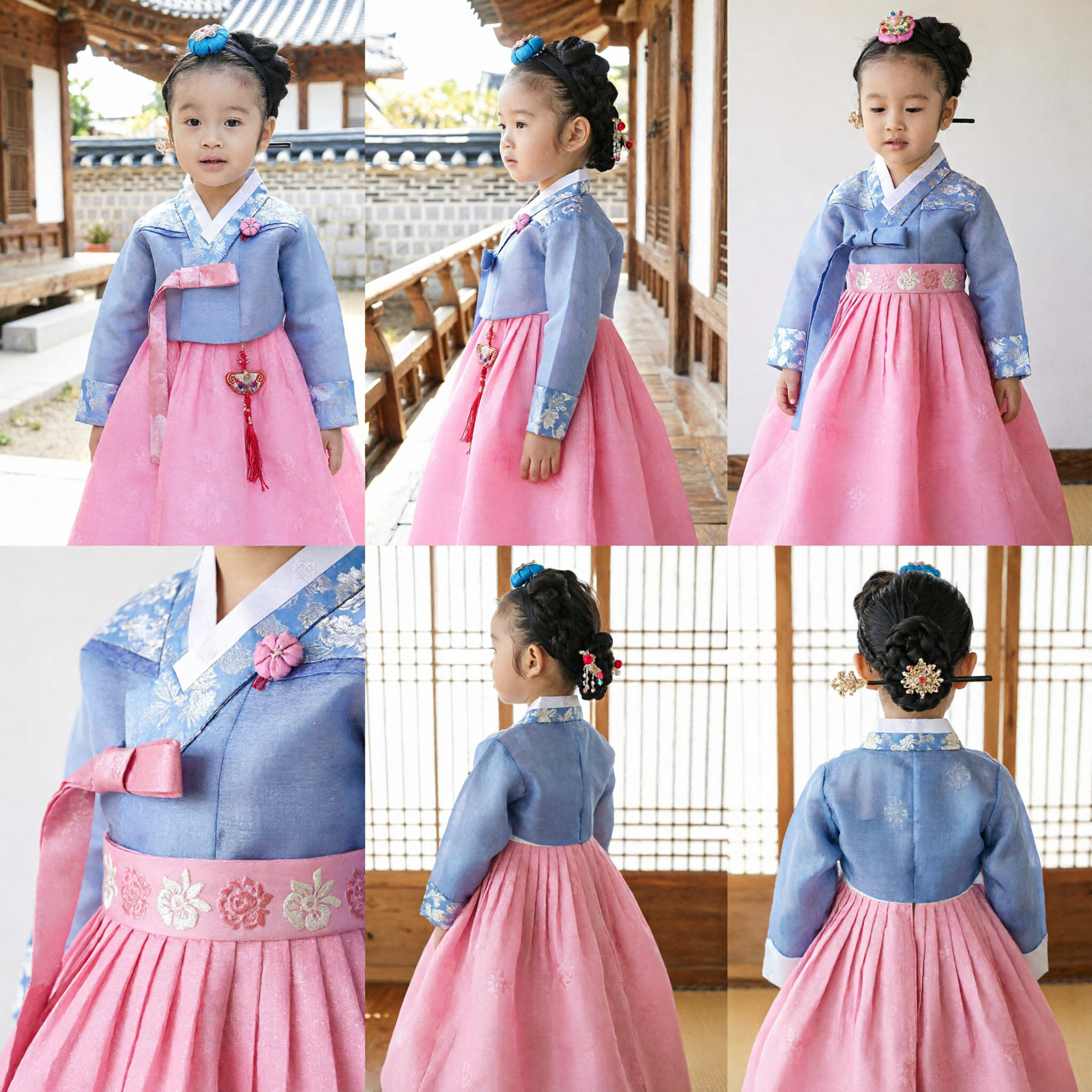 Traditional Korean Hanbok for Girls Blue and Pink Embroidered Dress for Festivals and Special Occasions