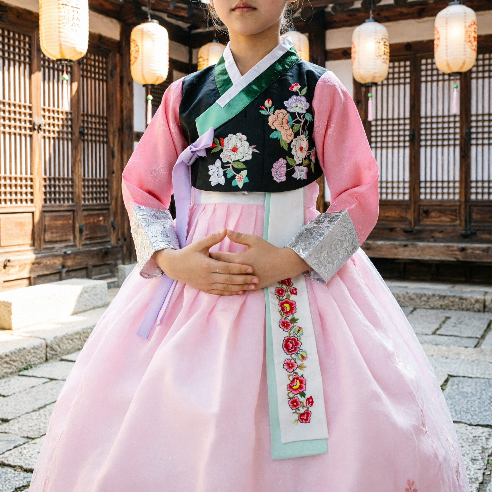 Elegant Pink and Black Korean Hanbok Traditional Dress with Floral Embroidery for Special Occasions