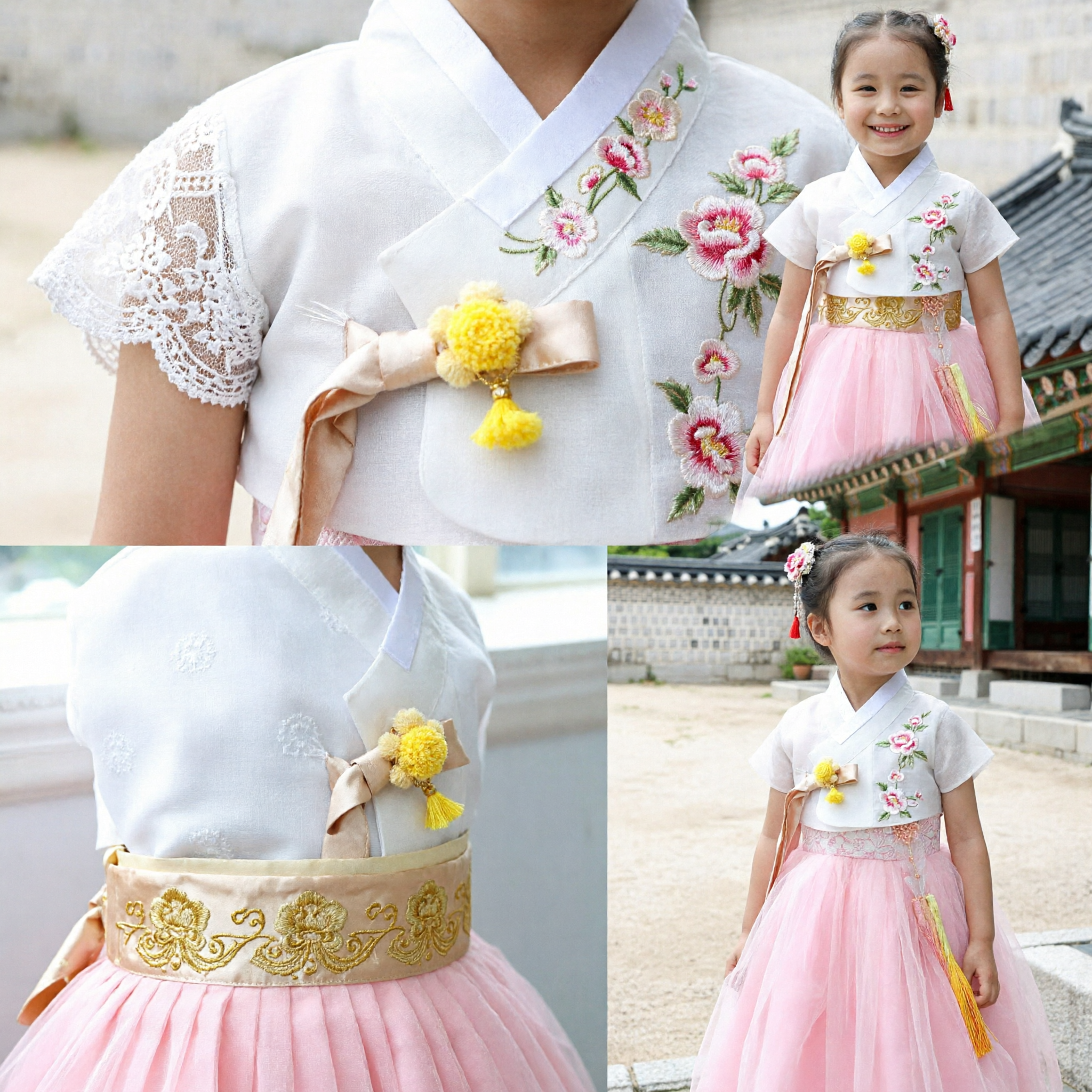 Kids Korean Traditional Hanbok Dress Pink Tulle Skirt White Lace Top for Girls Wedding Birthday Party Costume