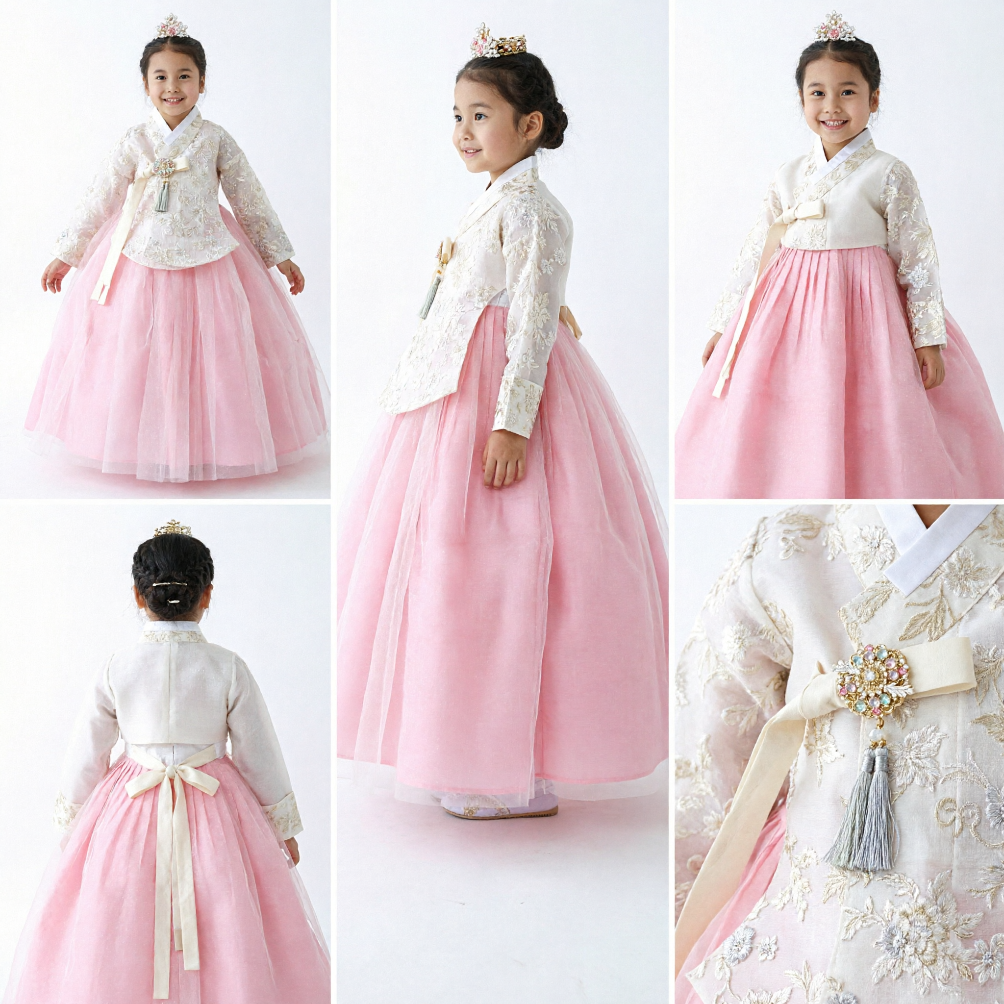Traditional Korean Hanbok for Girls Pink Tulle Skirt White Lace Top Formal Dress for Weddings and Parties