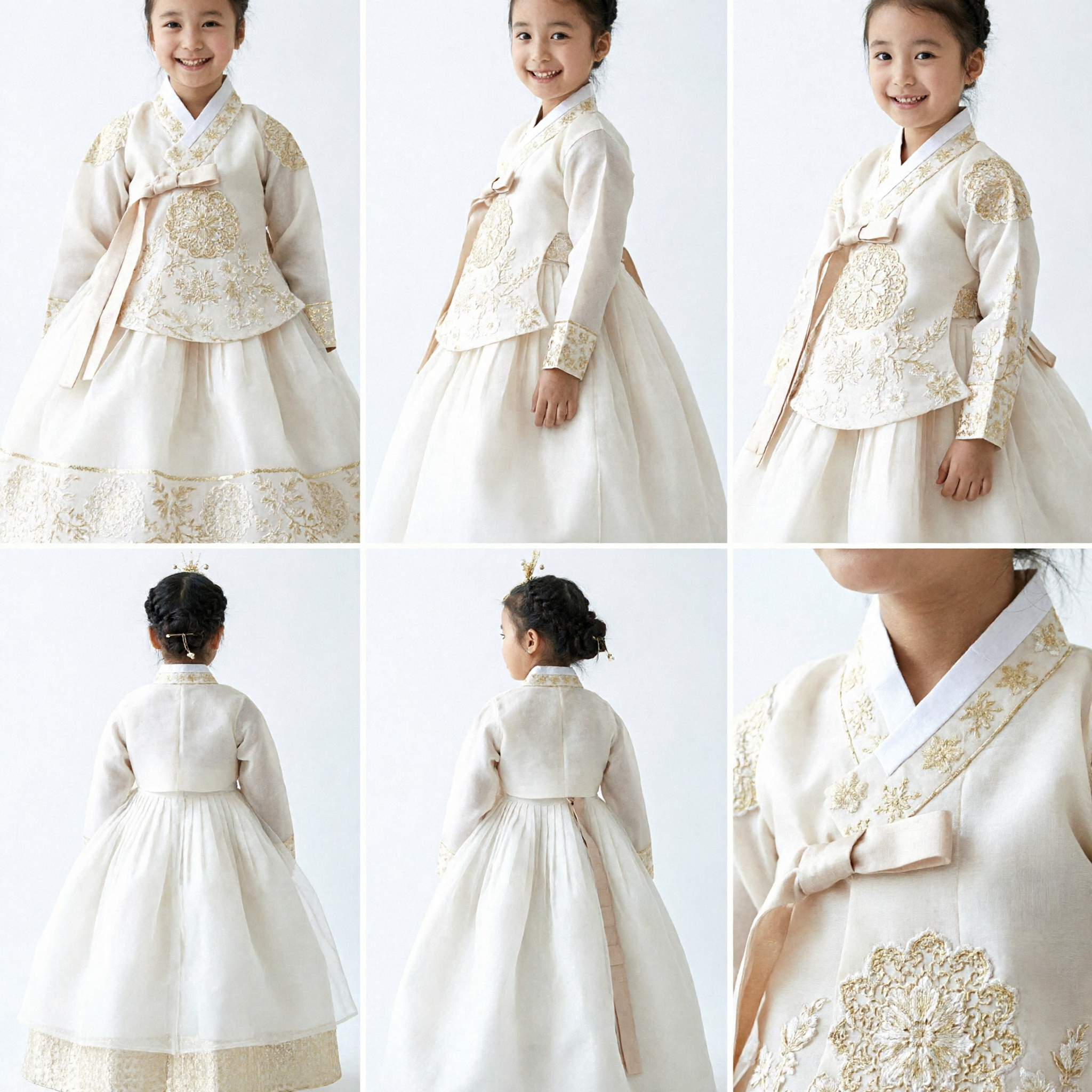 Elegant White Korean Hanbok Traditional Dress for Girls Kids Lace Top Tulle Skirt Wedding Party Costume