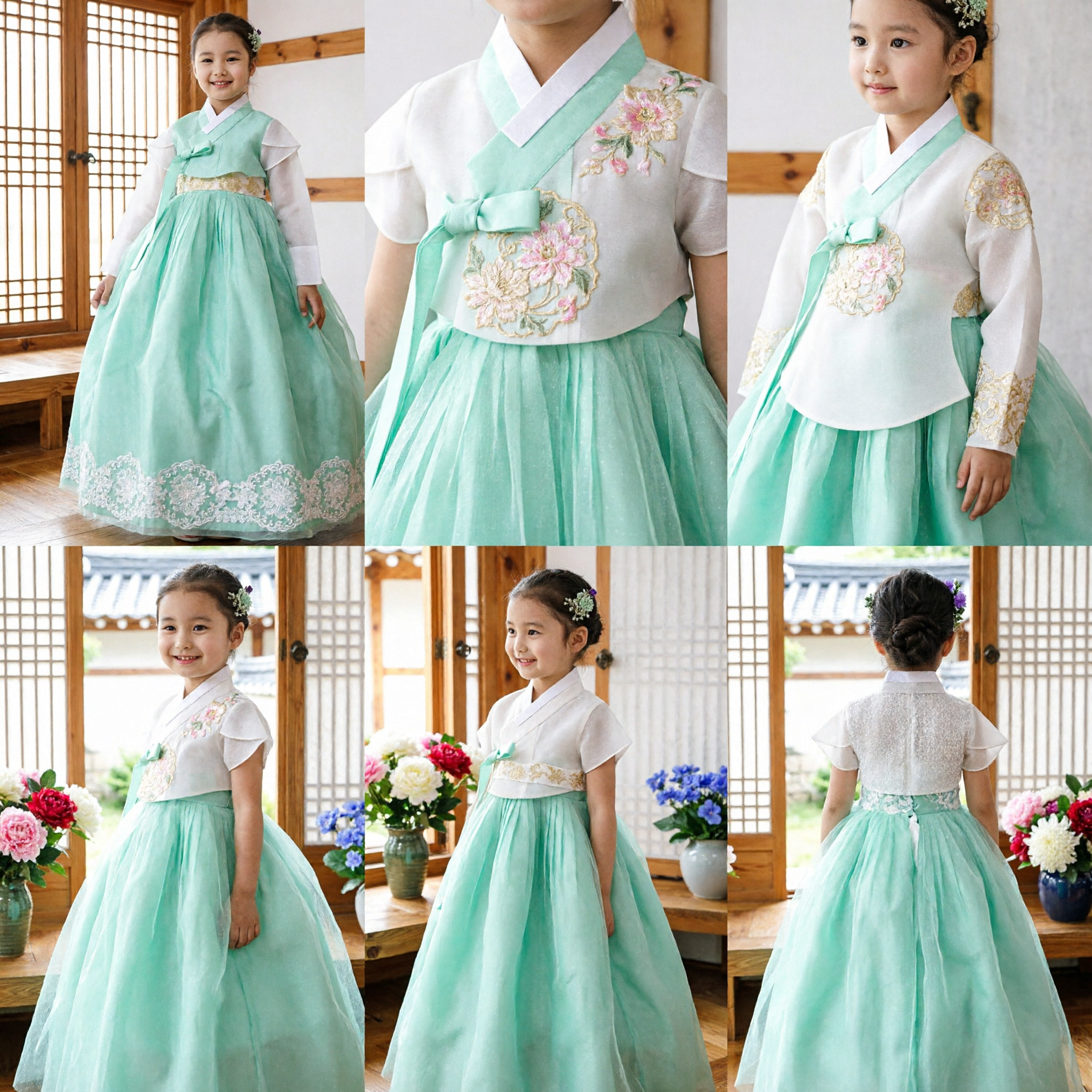 Traditional Korean Hanbok for Girls Modern Mint Green Tulle Skirt White Lace Top Kids Party Costume