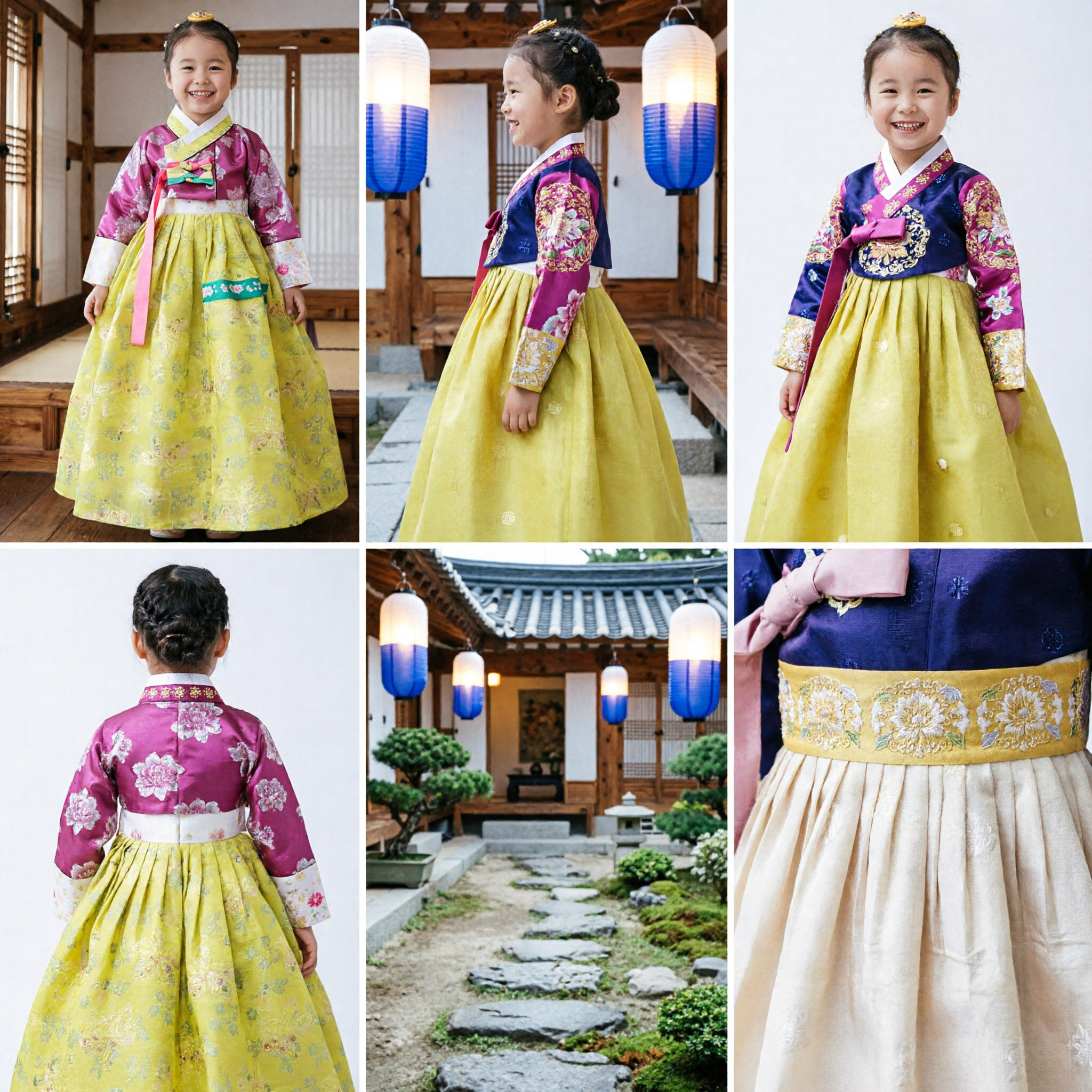 Kids Traditional Korean Hanbok Pink and Yellow Floral Dress Girls Festival Party Costume Set