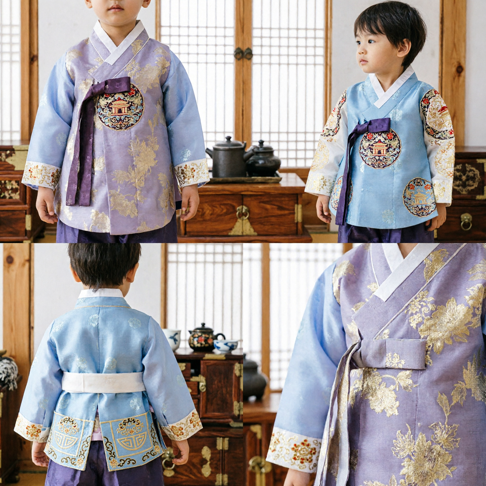 Traditional Korean Hanbok for Boys Purple Gold Embroidery Vest Blue Shirt First Birthday Doljanchi Ceremonial Costume