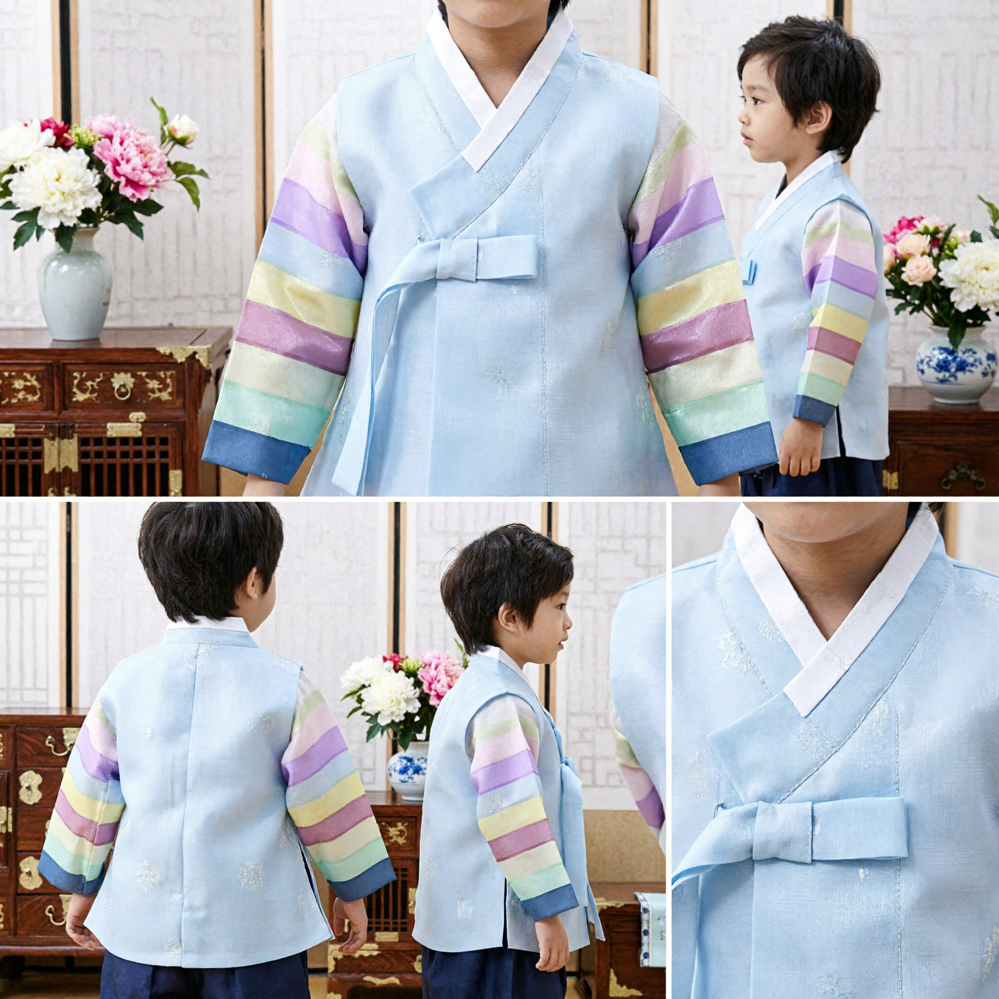 Kids Boys Traditional Korean Hanbok Set Light Blue Jeogori with Rainbow Sleeves for Special Occasions