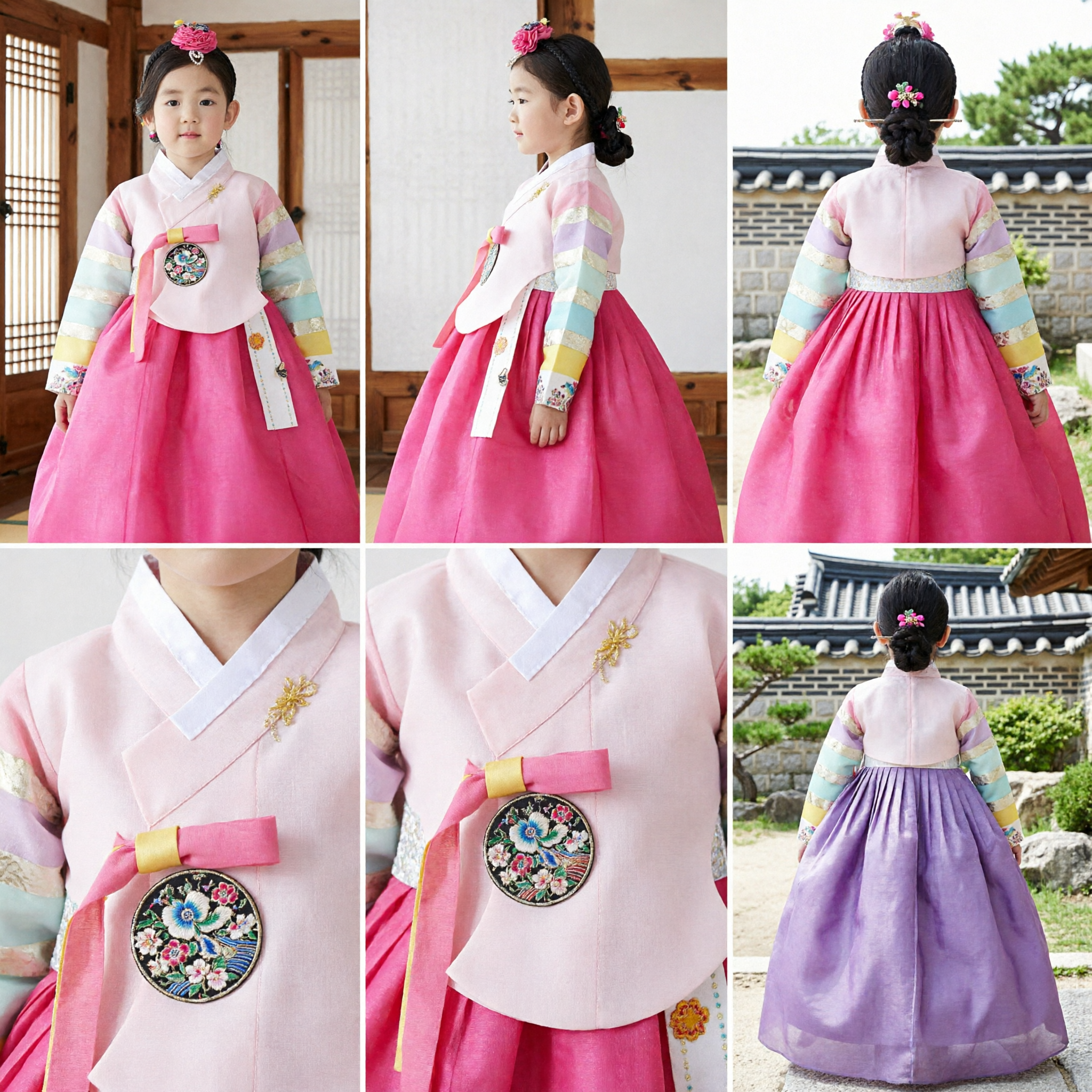Girls Traditional Korean Hanbok Pink Rainbow Sleeve Top and Skirt Set for Festivals and Ceremonies