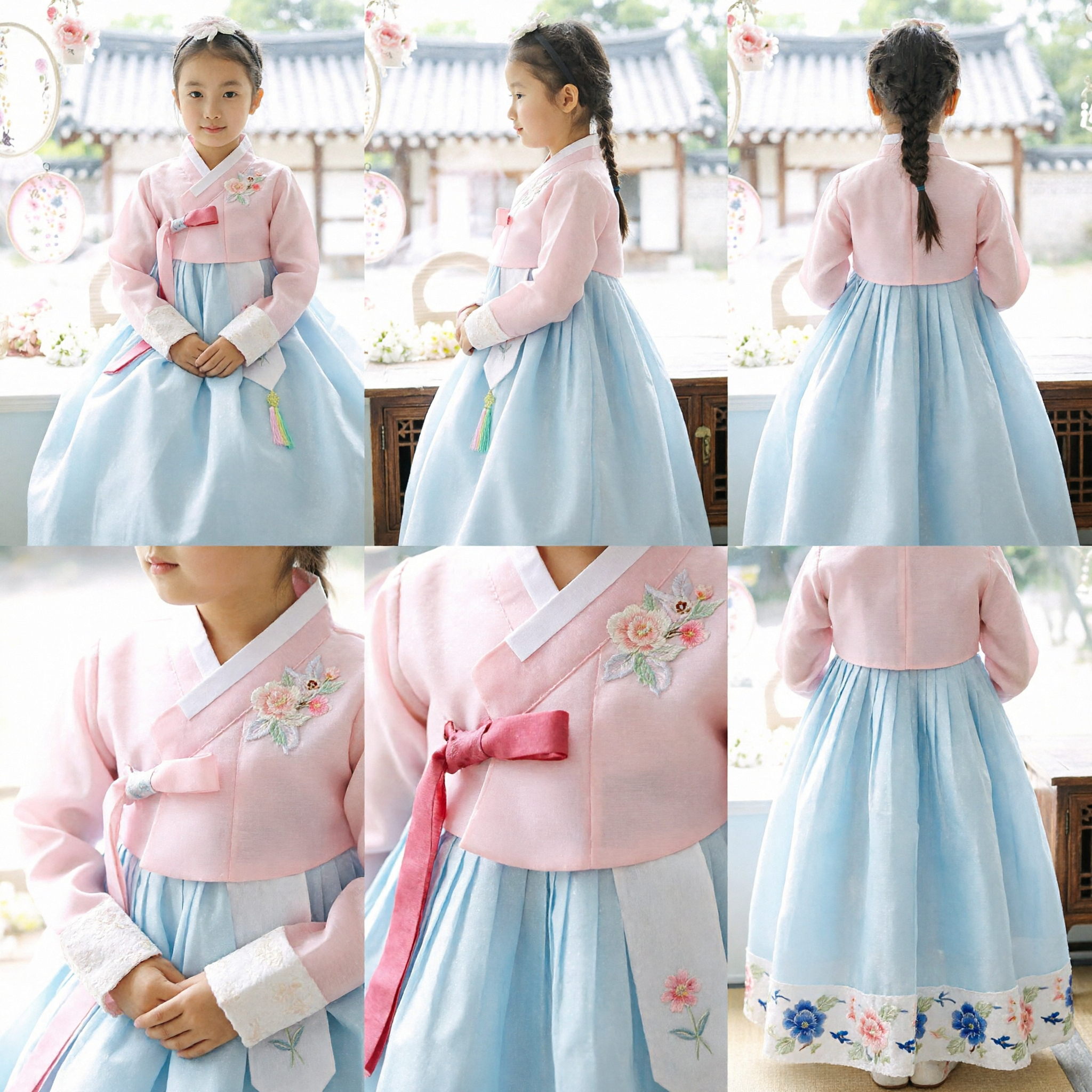 Traditional Korean Hanbok Dress for Girls Pink and Blue Embroidered Costume for Kids Special Occasions