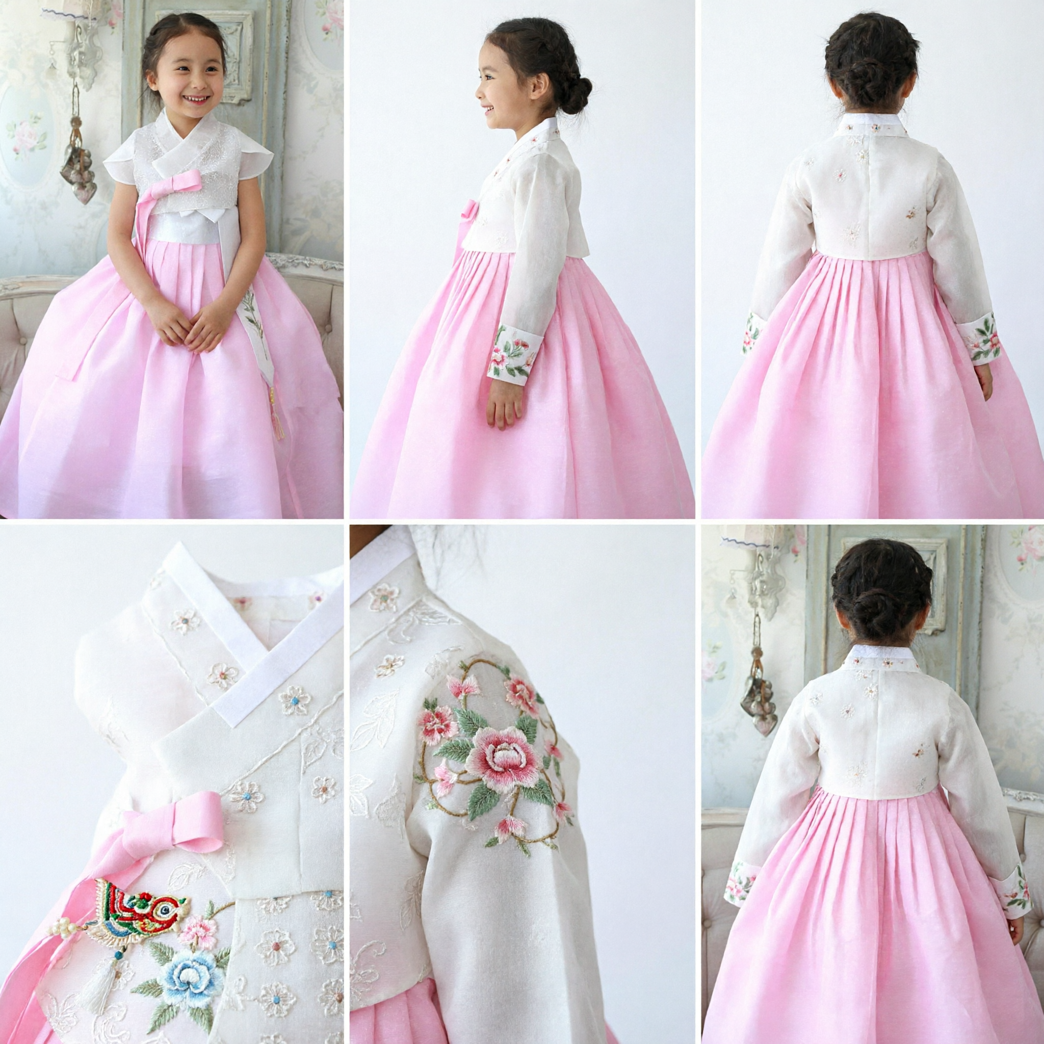 Traditional Korean Hanbok for Girls Pink Chima and White Jeogori Set Kids Formal Dress for Ceremonies