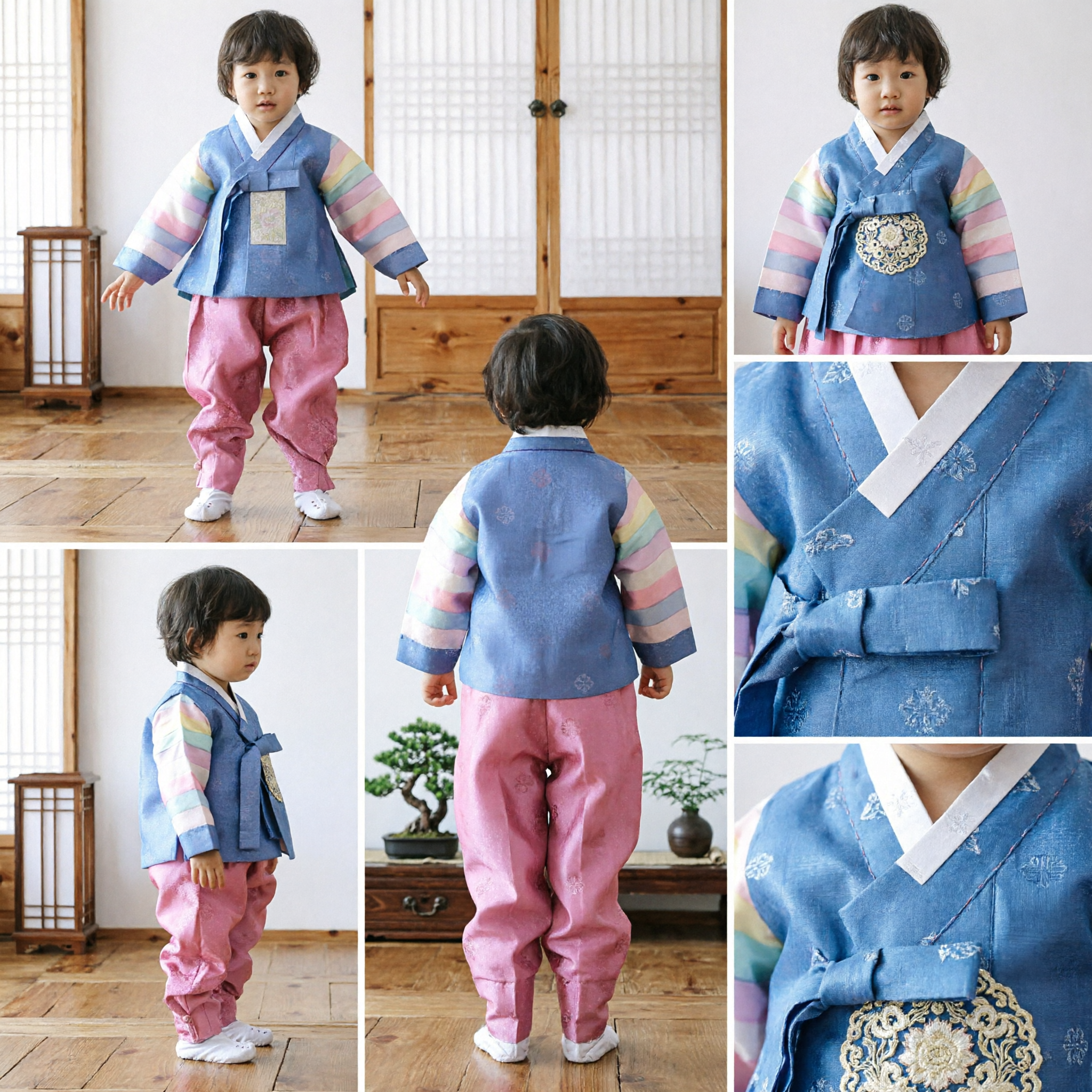 Traditional Korean Hanbok for Baby Boy Blue Rainbow Sleeve Top Pink Pants First Birthday Costume