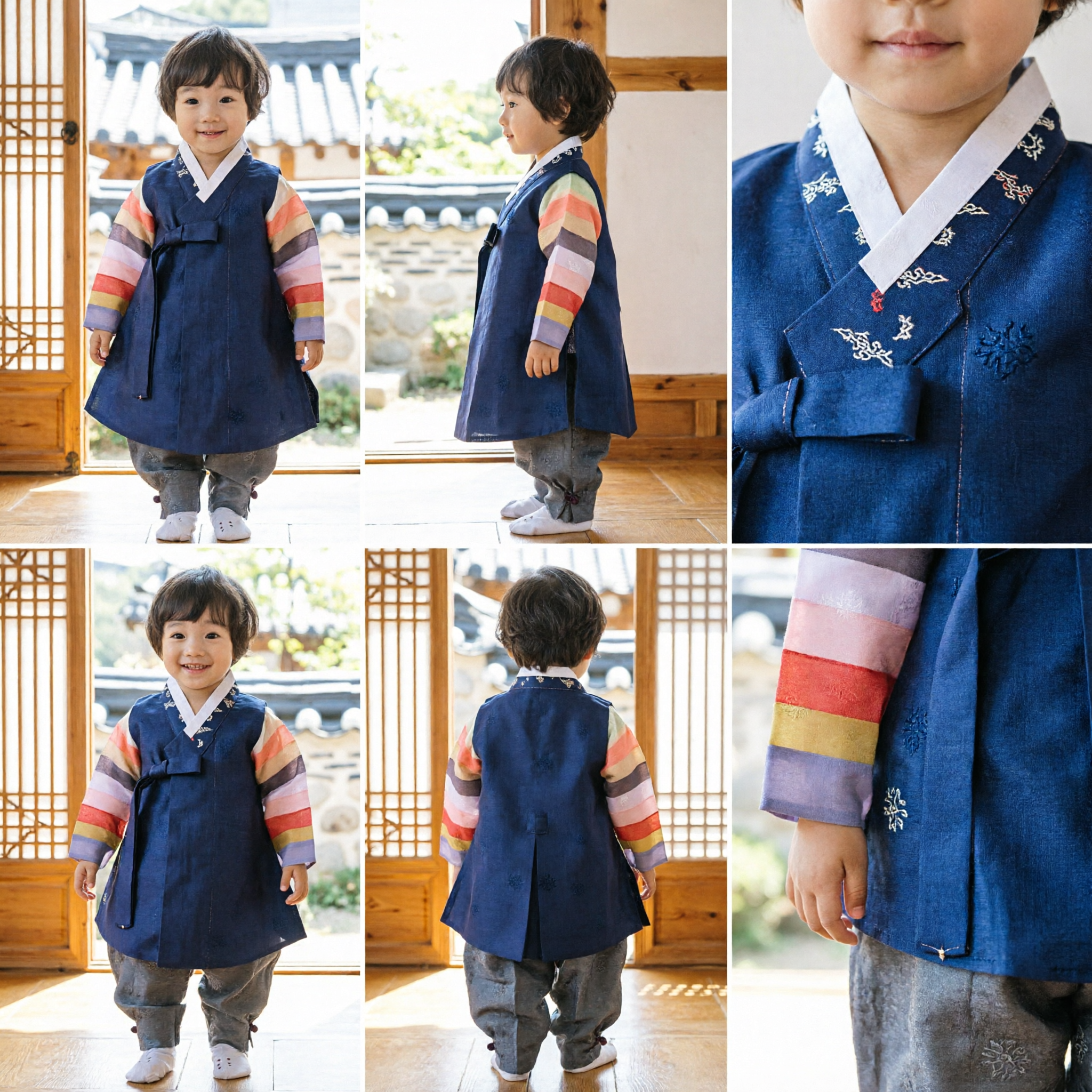 Traditional Korean Hanbok for Kids Blue Vest with Colorful Striped Sleeves and Grey Pants for Boys Ceremonies