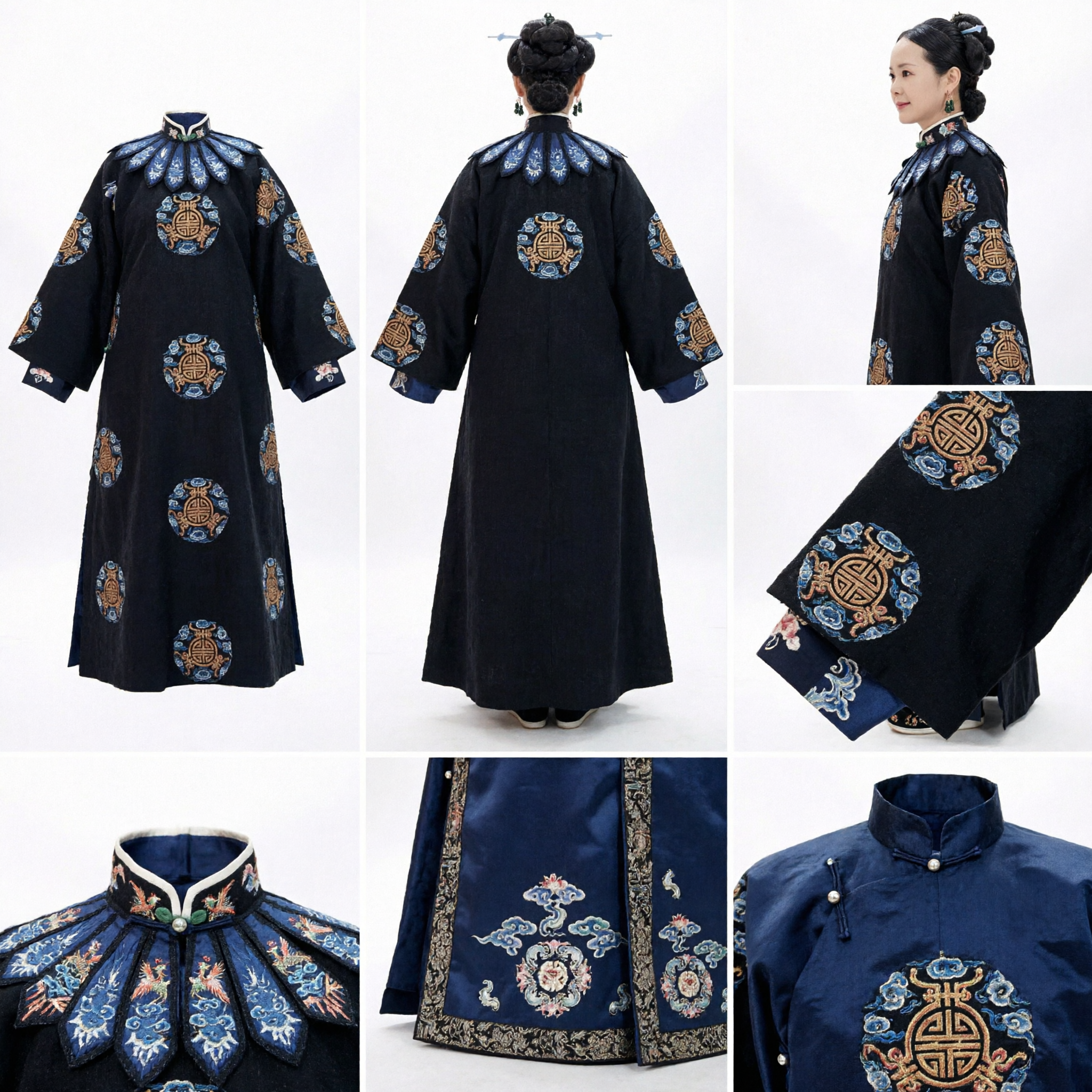Traditional Chinese Qing Dynasty Manchu Noble Lady Robe Black Embroidered Ancient Costume for Women Stage Performance