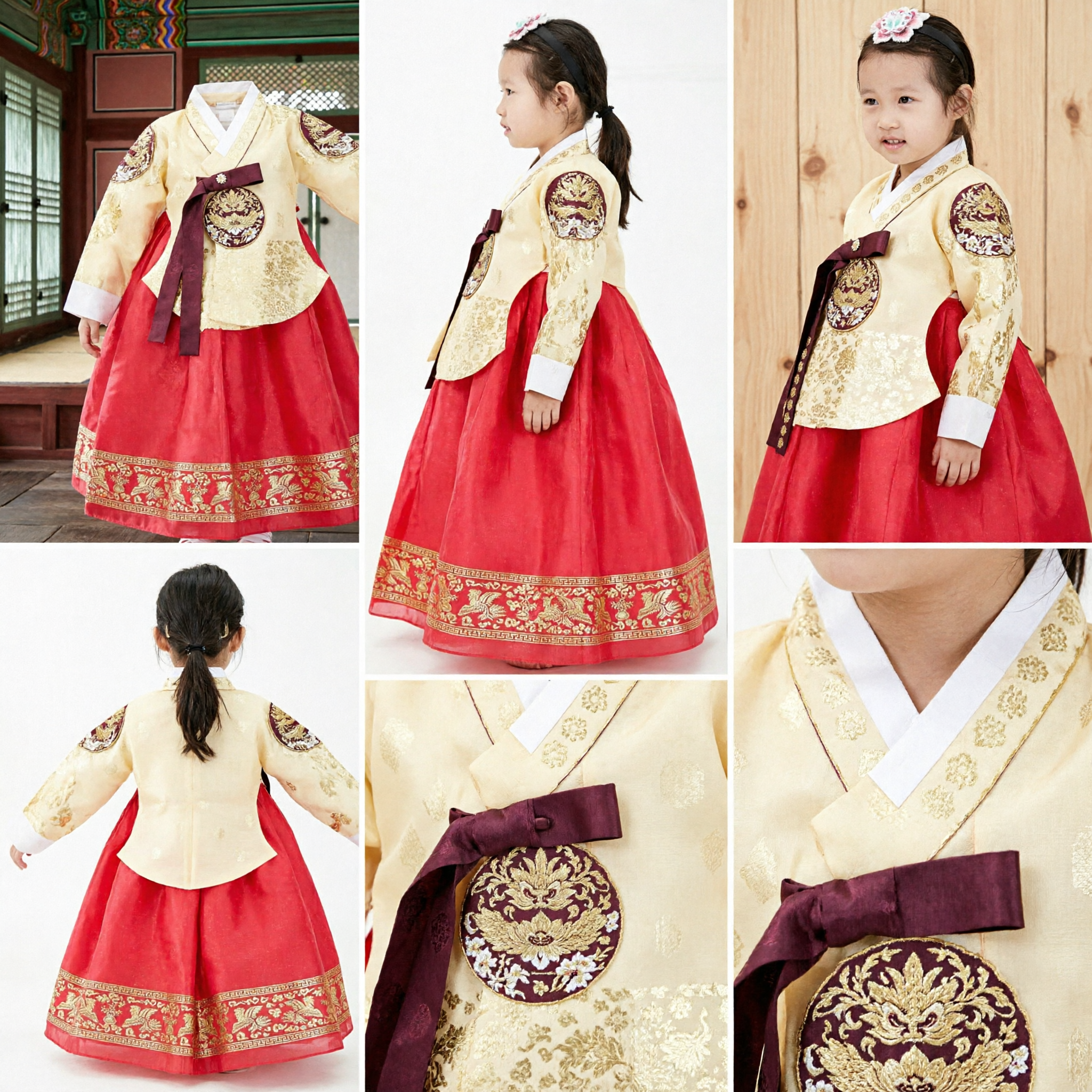 Traditional Korean Hanbok for Girls Red Skirt Gold Jeogori Embroidered Costume for Doljanchi Birthday Wedding