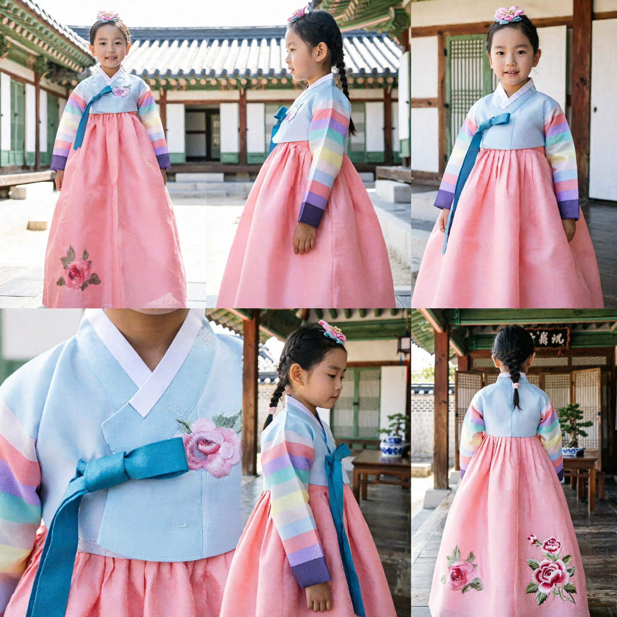 Elegant Kids Korean Hanbok Traditional Dress Pink Skirt Rainbow Sleeves for Girls Wedding Party Dol