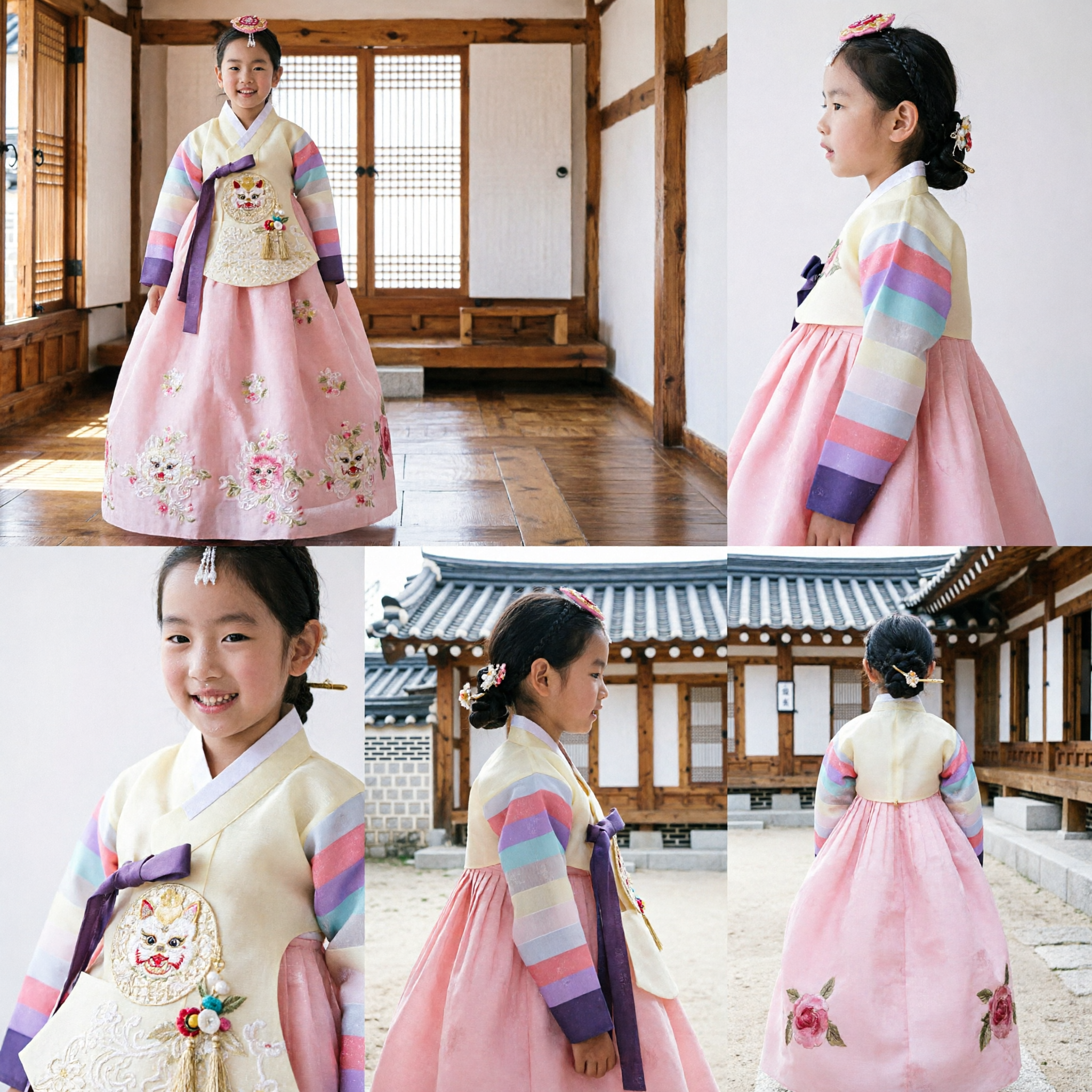 Girls Traditional Korean Hanbok Costume Rainbow Striped Top Pink Skirt Embroidery Dress for Wedding Holiday