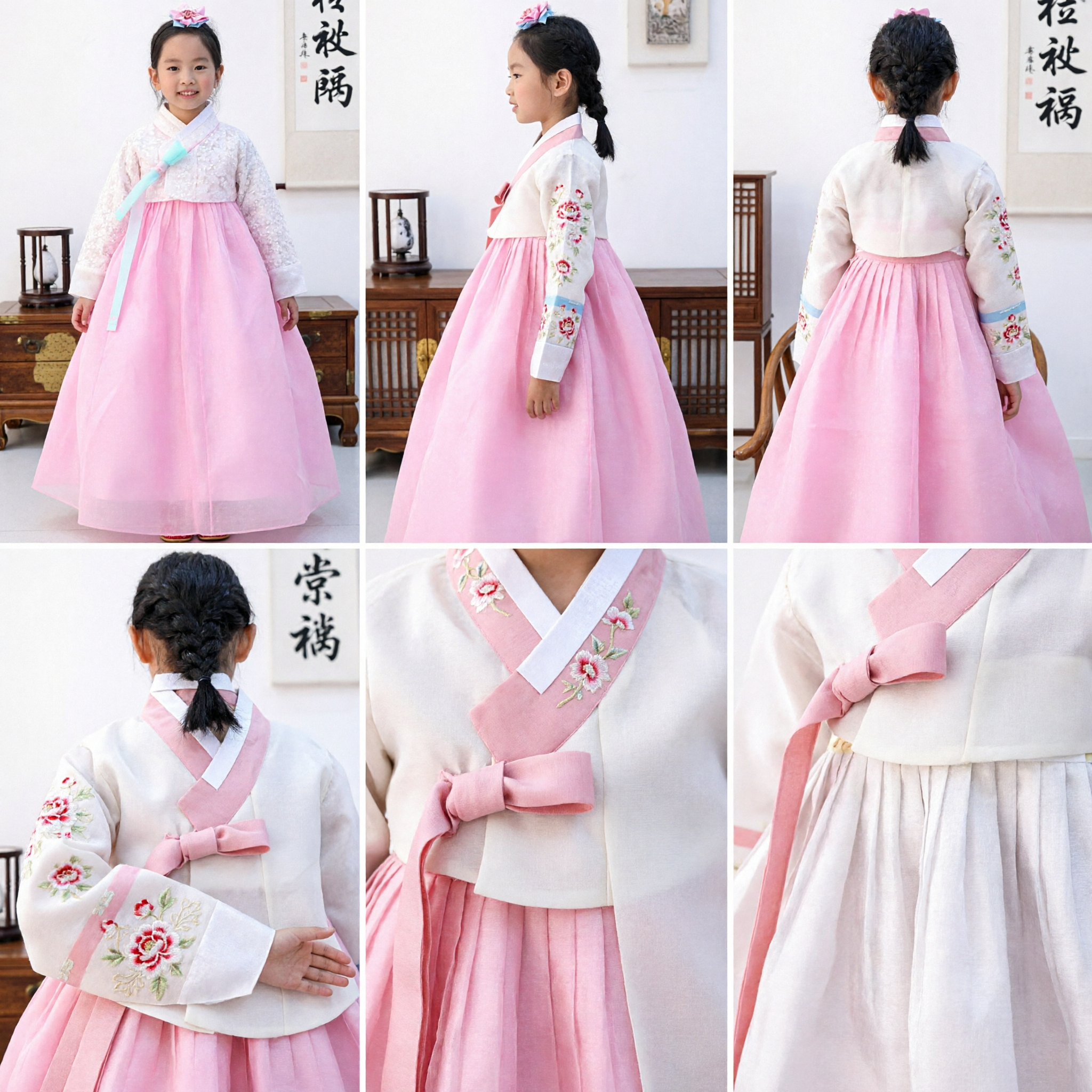 Traditional Korean Hanbok Dress for Girls Pink Chima and White Jeogori Kids Costume for Wedding Birthday Party