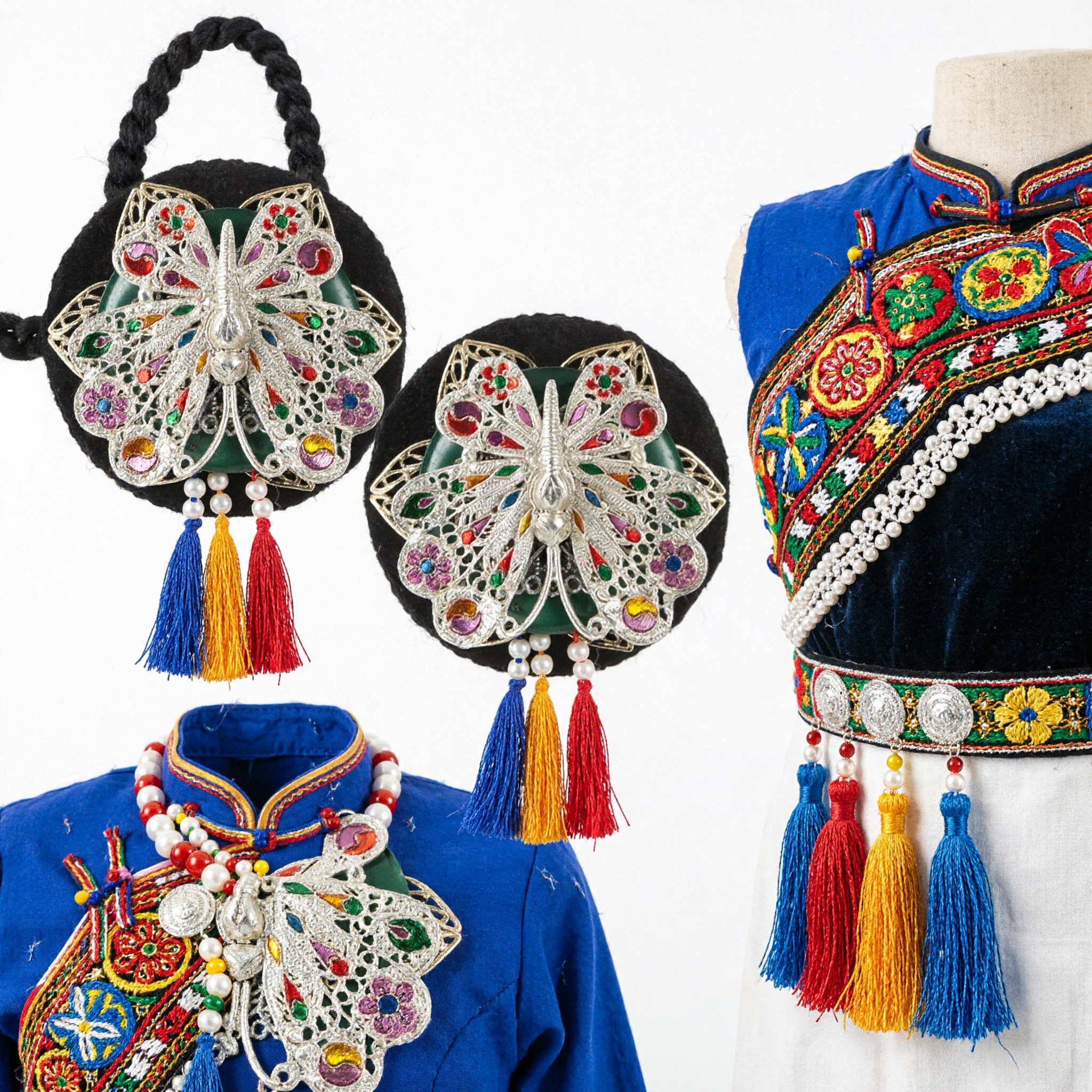 Traditional Chinese Butterfly Waist Ornament Rhinestone Pendant with Colorful Tassels for Hanfu Costume Accessories