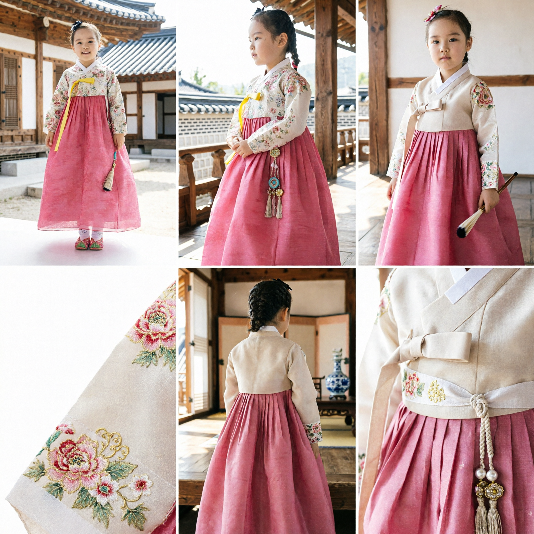 Traditional Korean Hanbok Dress for Girls Pink Skirt Floral Top Kids Wedding Party Costume