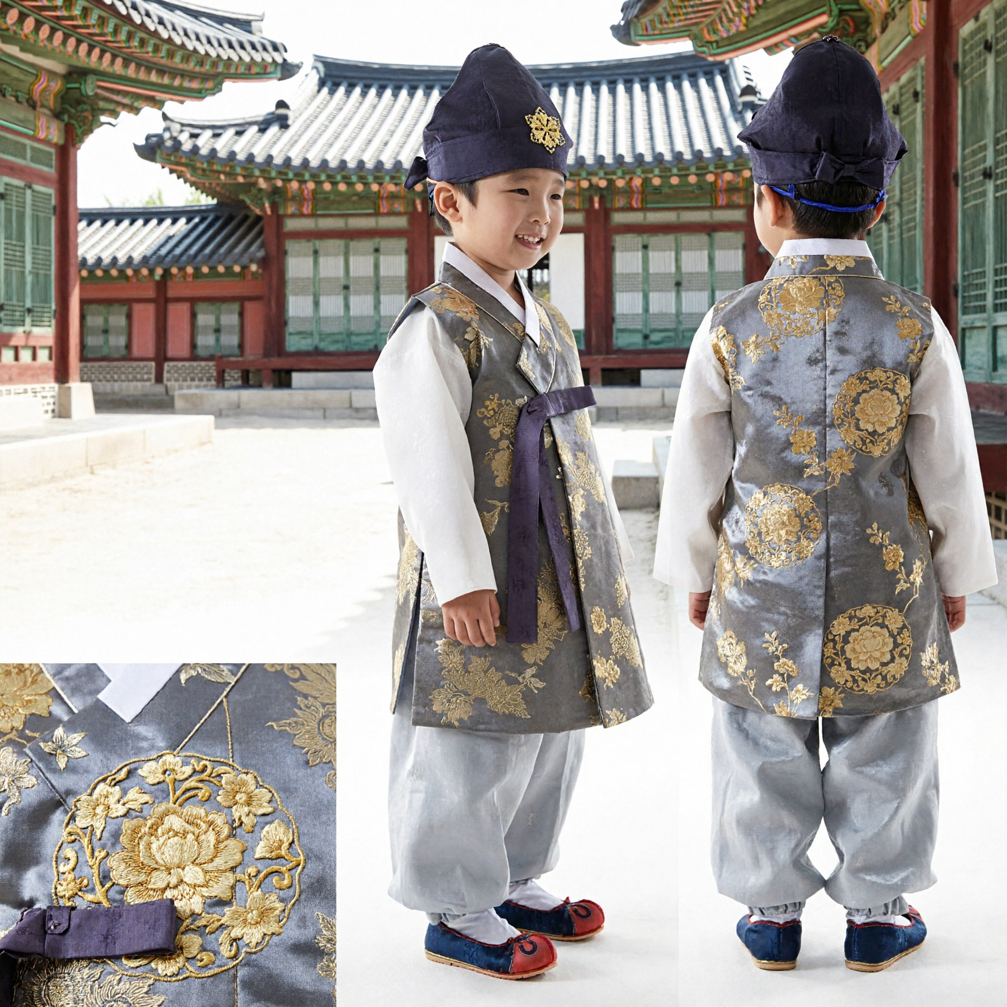Traditional Korean Hanbok for Boys Grey Gold Brocade Formal Ceremonial Costume Kids Doljanchi Outfit