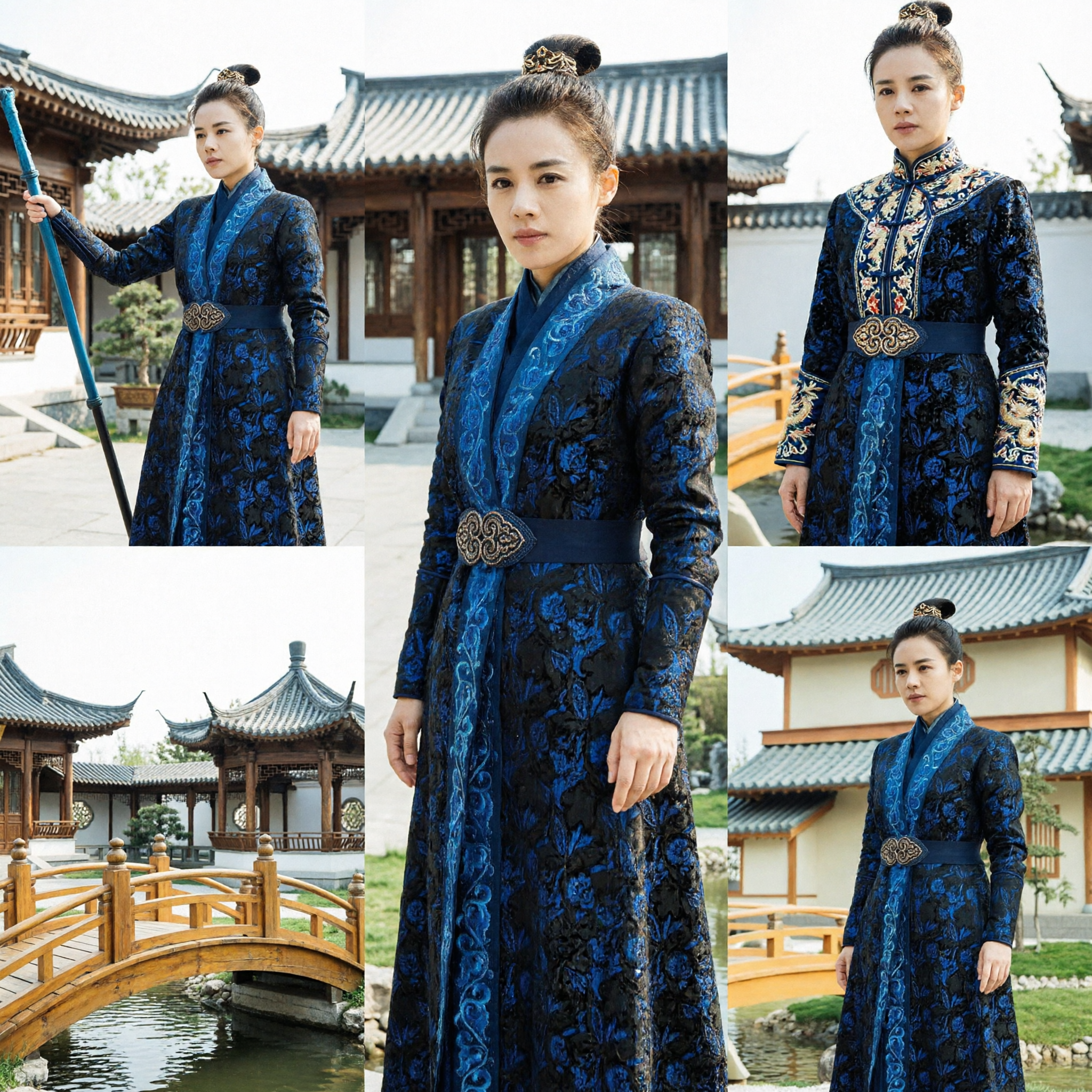 Women's Ancient Chinese General Blue Embroidered Robe Traditional Hanfu Costume for Cosplay and Stage Performance