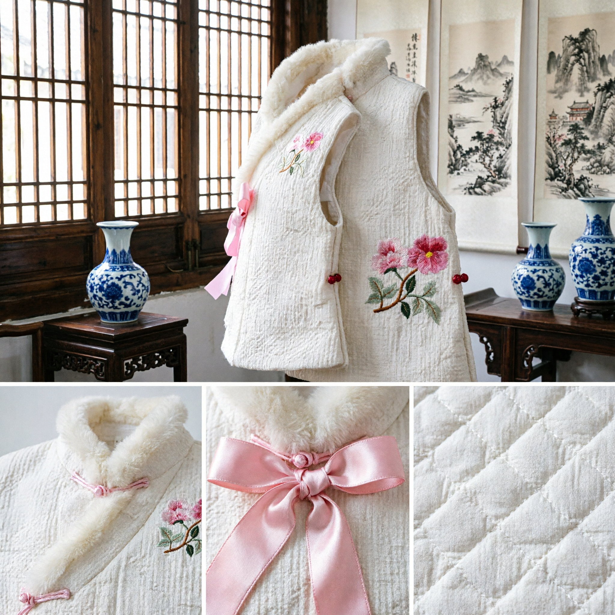Traditional Chinese Tang Suit Vest for Girls White Quilted Waistcoat with Faux Fur Collar and Pink Bow Embroidery