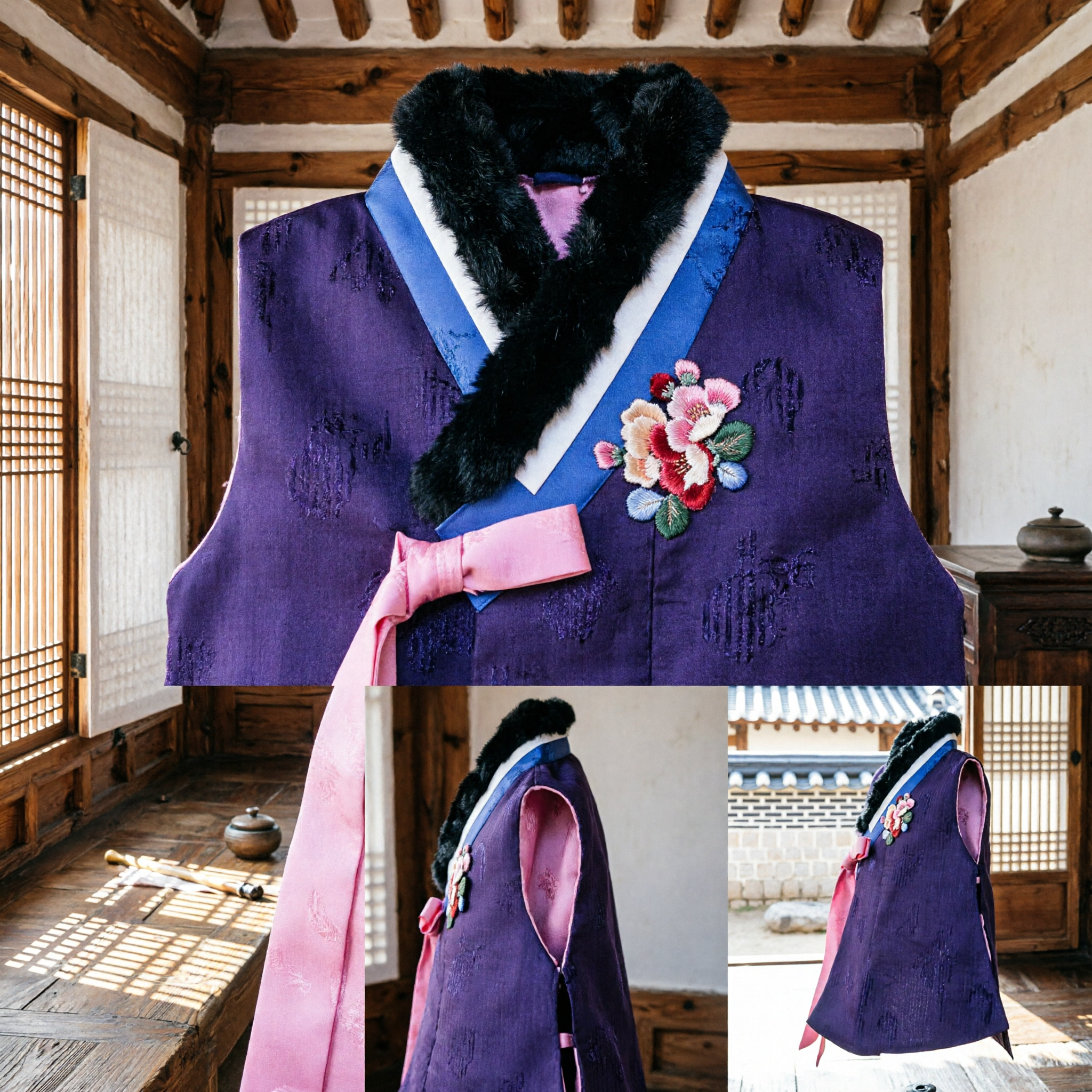 Purple Korean Hanbok Traditional Baeja Vest with Black Fur Collar and Floral Embroidery for Women Winter Festivals
