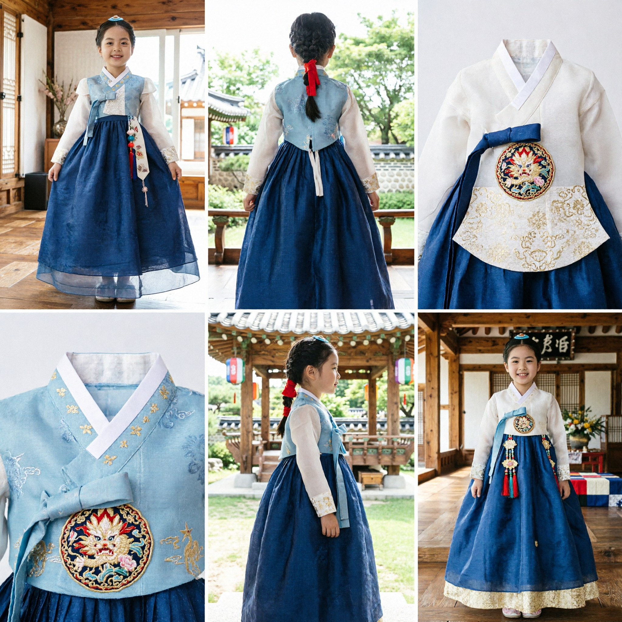 Elegant Blue Korean Hanbok Traditional Dress for Girls Kids Formal Costume for Chuseok and Seollal