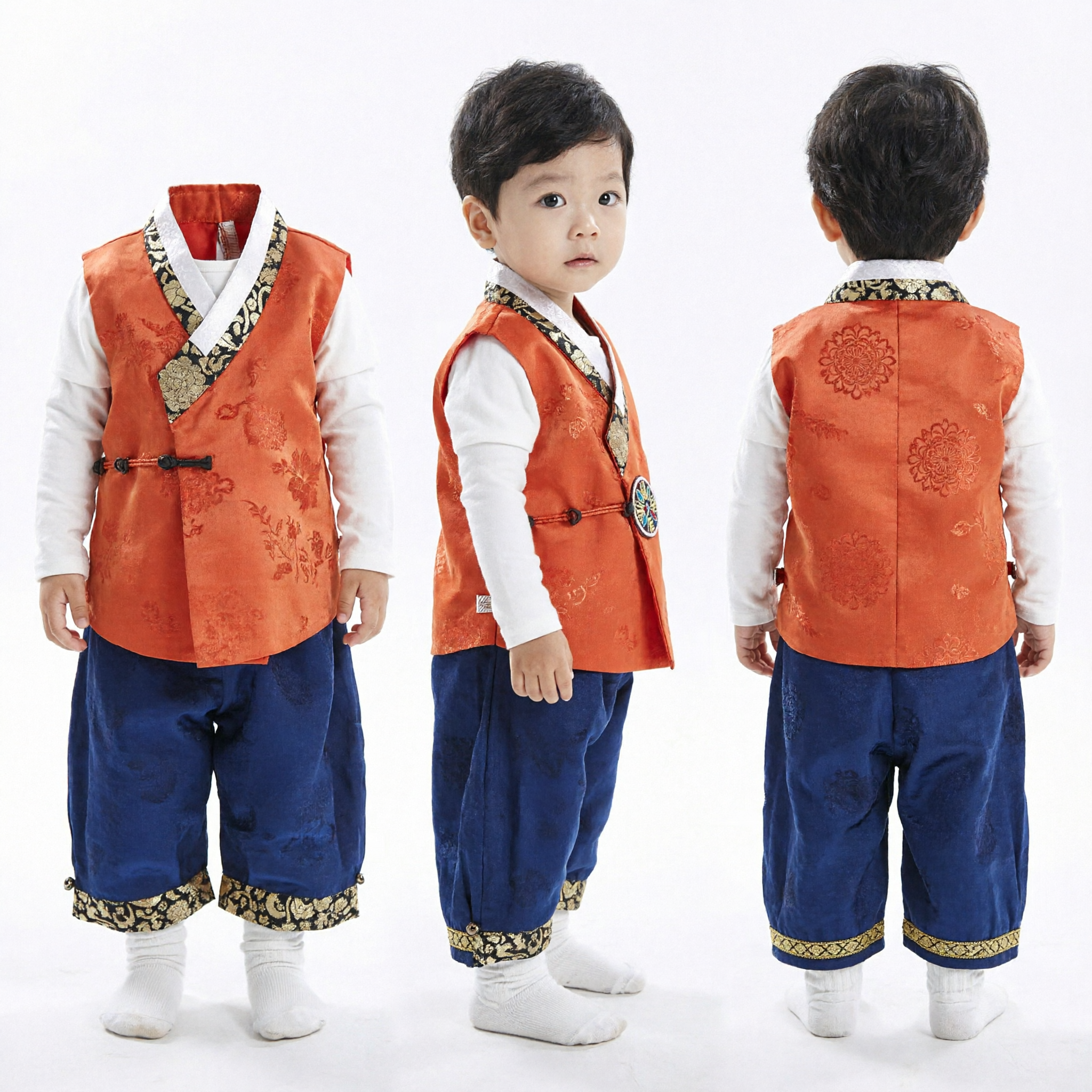 Baby Boy Traditional Korean Hanbok Set Orange Vest Blue Pants for 1st Birthday Celebration Costume