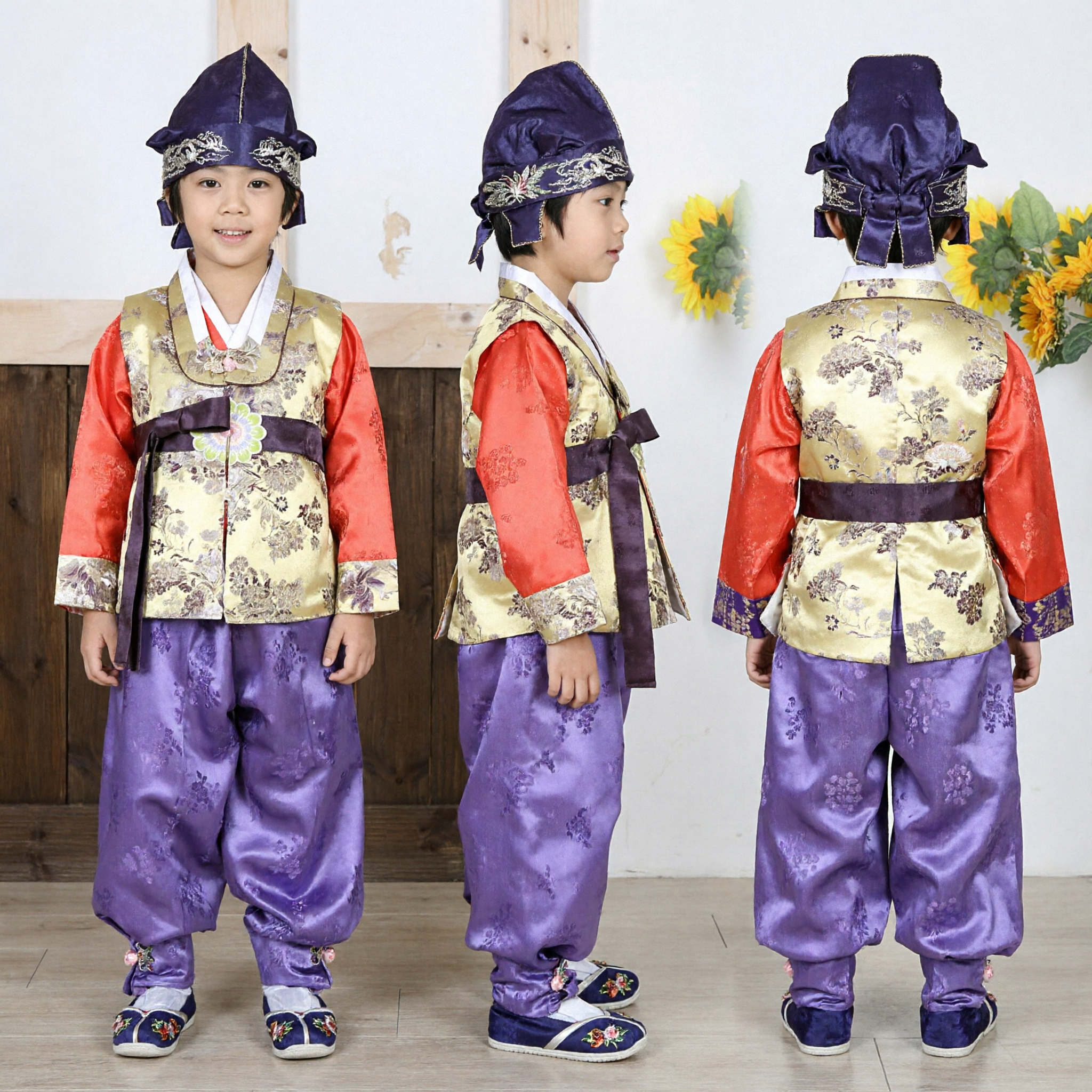 Traditional Korean Hanbok for Boys Gold Vest Purple Baji Kids Dol First Birthday Outfit