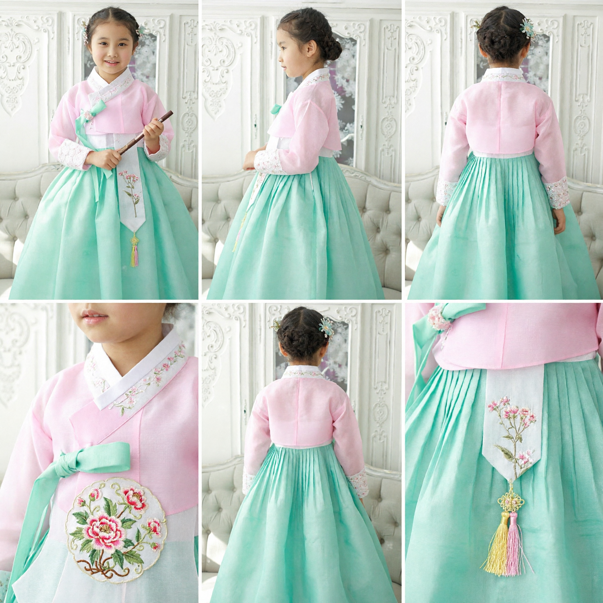 Girls Traditional Korean Hanbok Costume Pink and Mint Green Dress for Festivals Weddings and Performances