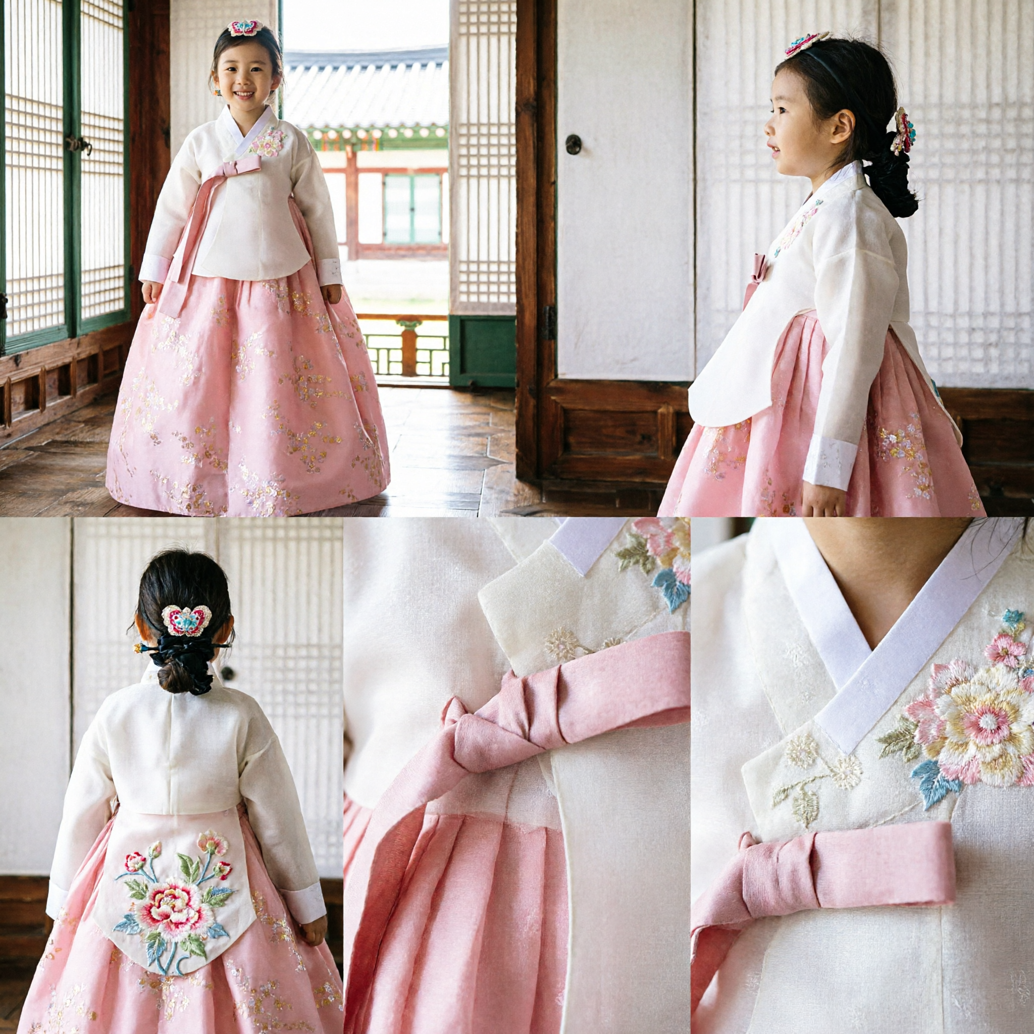 Elegant Pink and White Korean Hanbok for Girls Traditional Floral Embroidered Dress for Birthday and Special Occasions