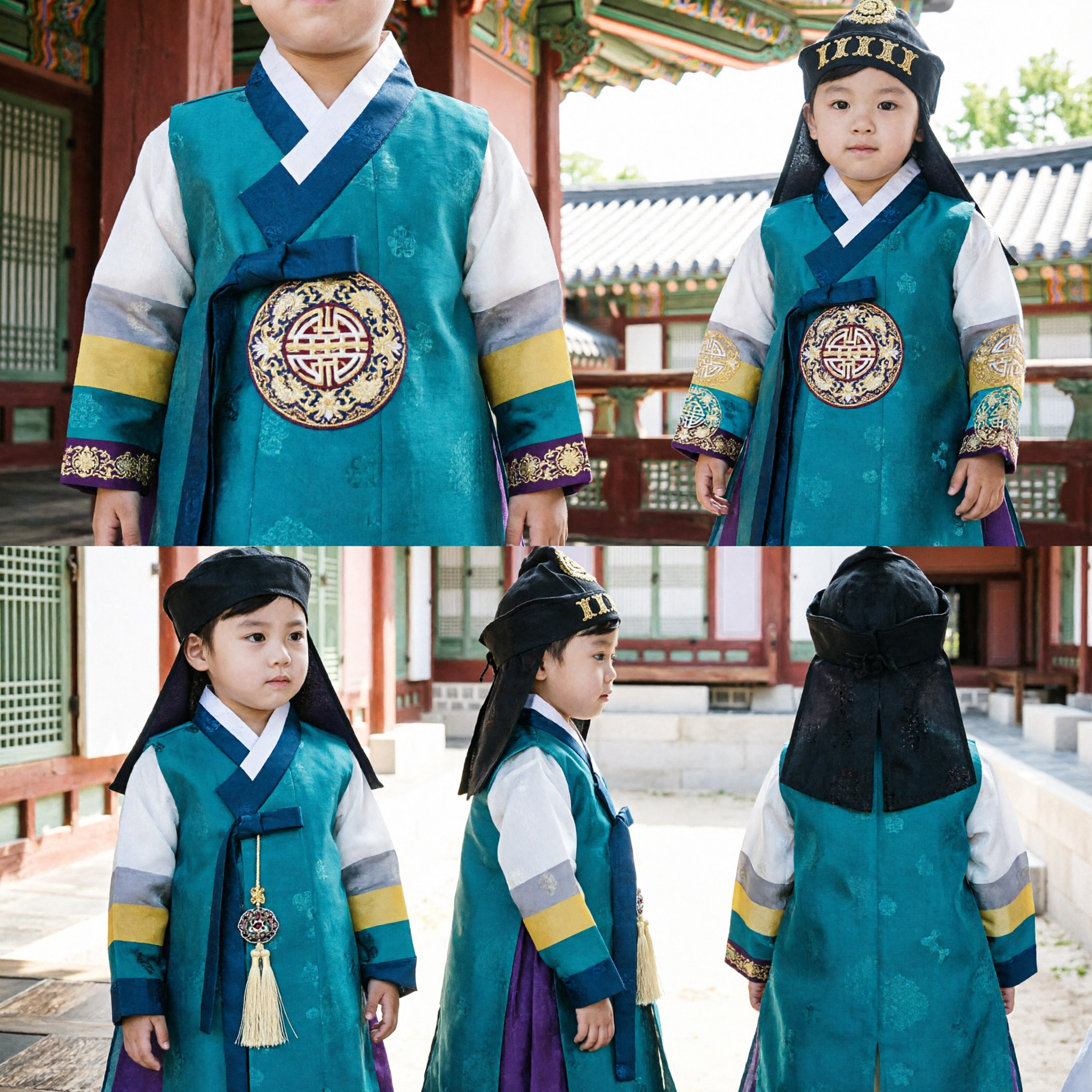 Traditional Korean Hanbok for Baby Boy Teal Colorful Sleeve Vest Wedding Doljanchi Costume with Hat