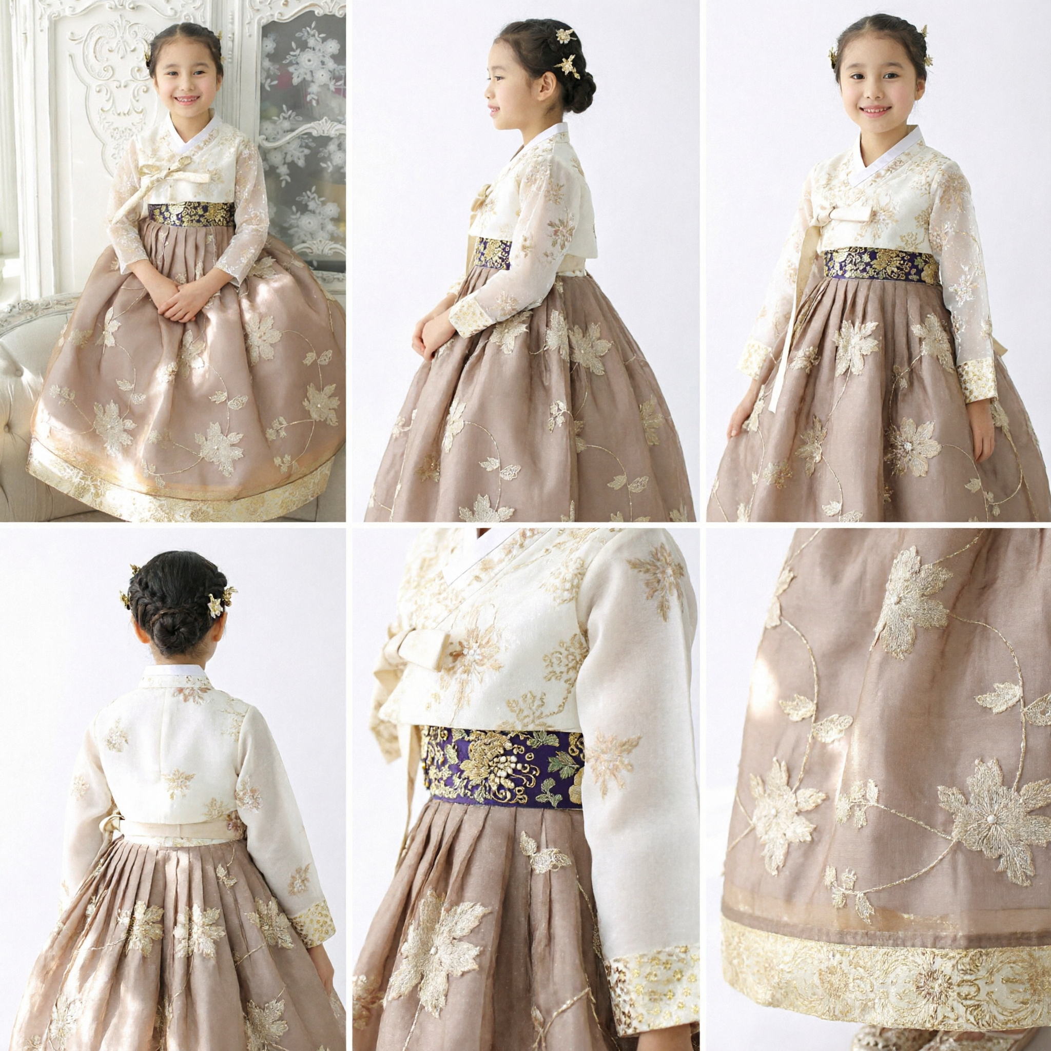 Elegant Traditional Korean Hanbok for Girls Kids Pink and White Dress with Gold Embroidery for Festivals