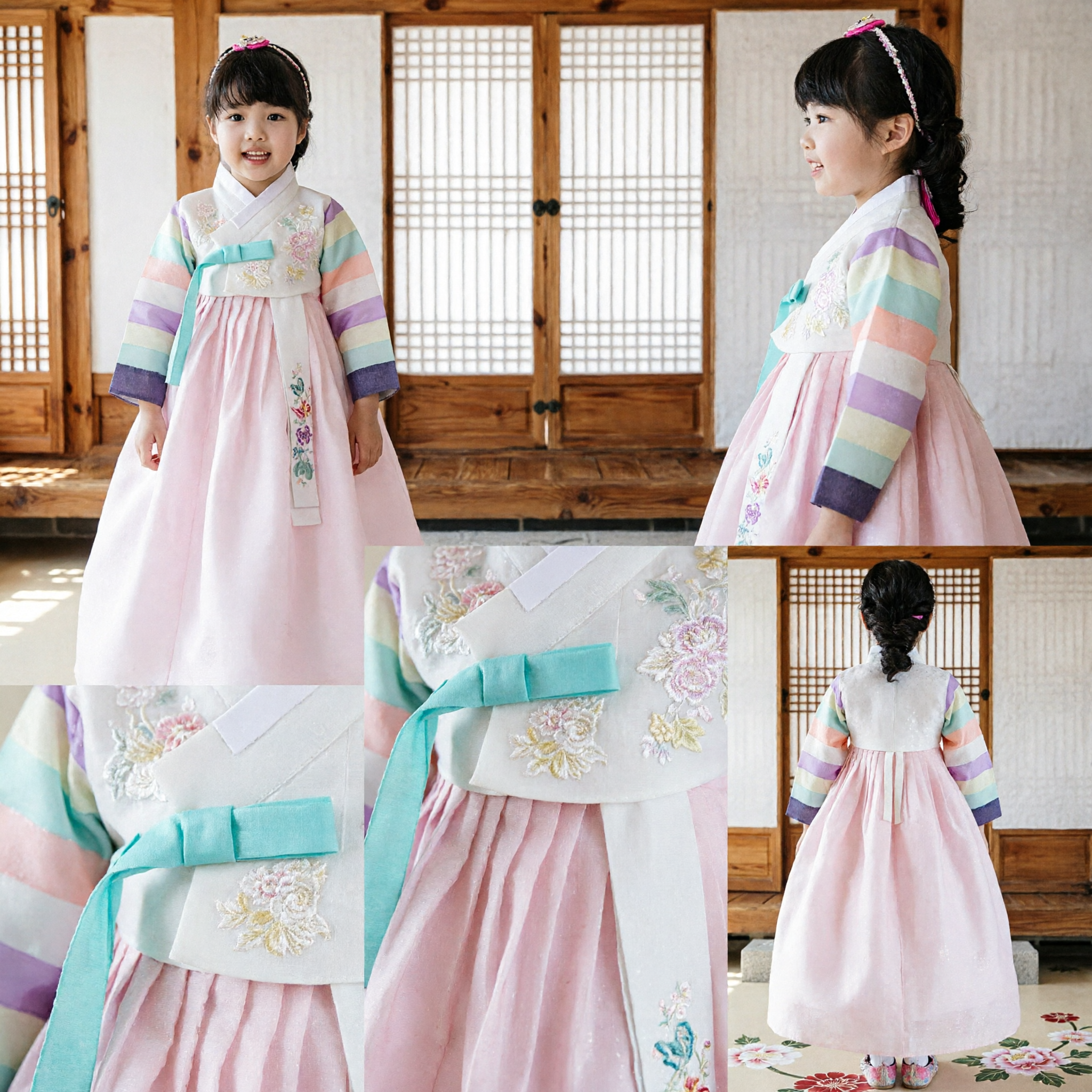 Girls Traditional Korean Hanbok Dress Rainbow Stripe Jeogori Pink Chima Kids Performance Costume