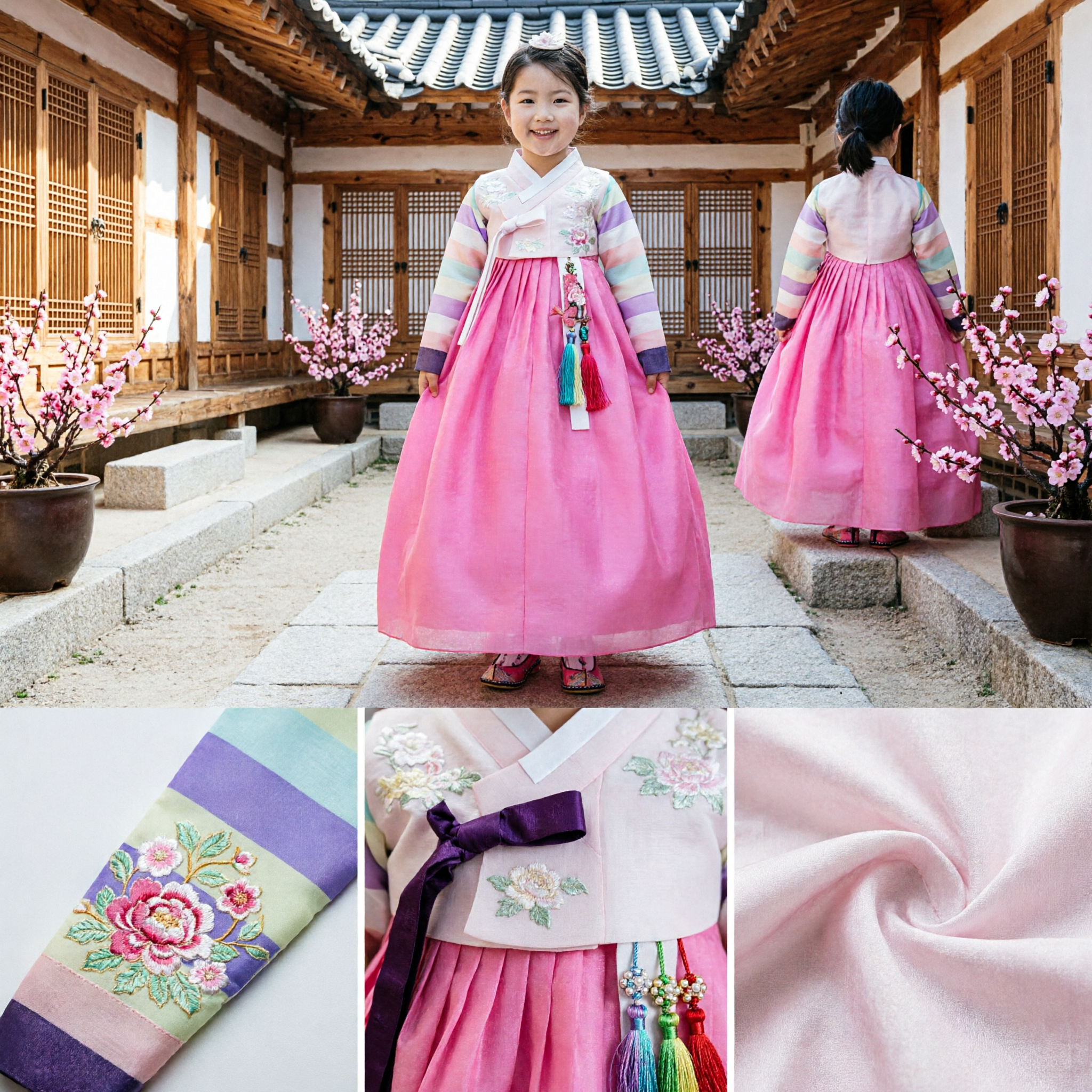 Girls Korean Traditional Hanbok Dress Pastel Striped Jeogori Pink Chima Set for Cultural Festivals