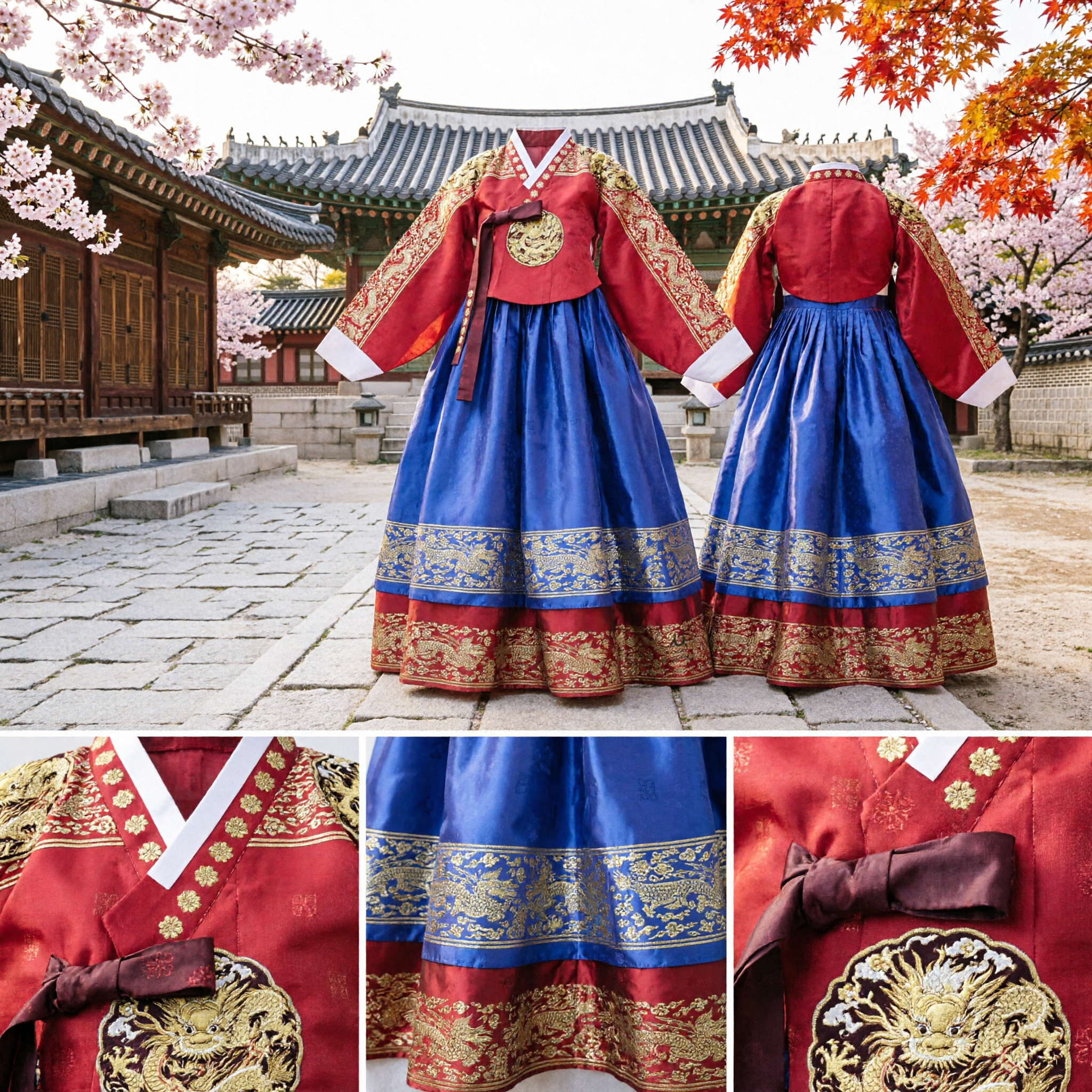 Traditional Korean Hanbok Red and Blue Royal Court Dress with Gold Dragon Embroidery for Women