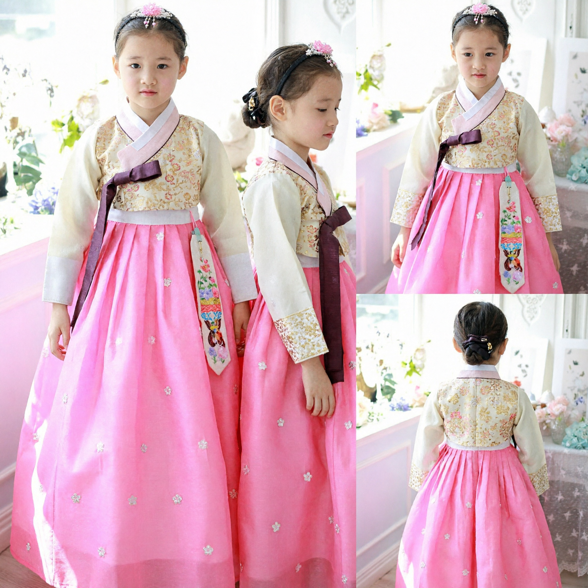 Traditional Korean Hanbok for Girls Pink Embroidered Jeogori and Chima Dress for Weddings and Parties