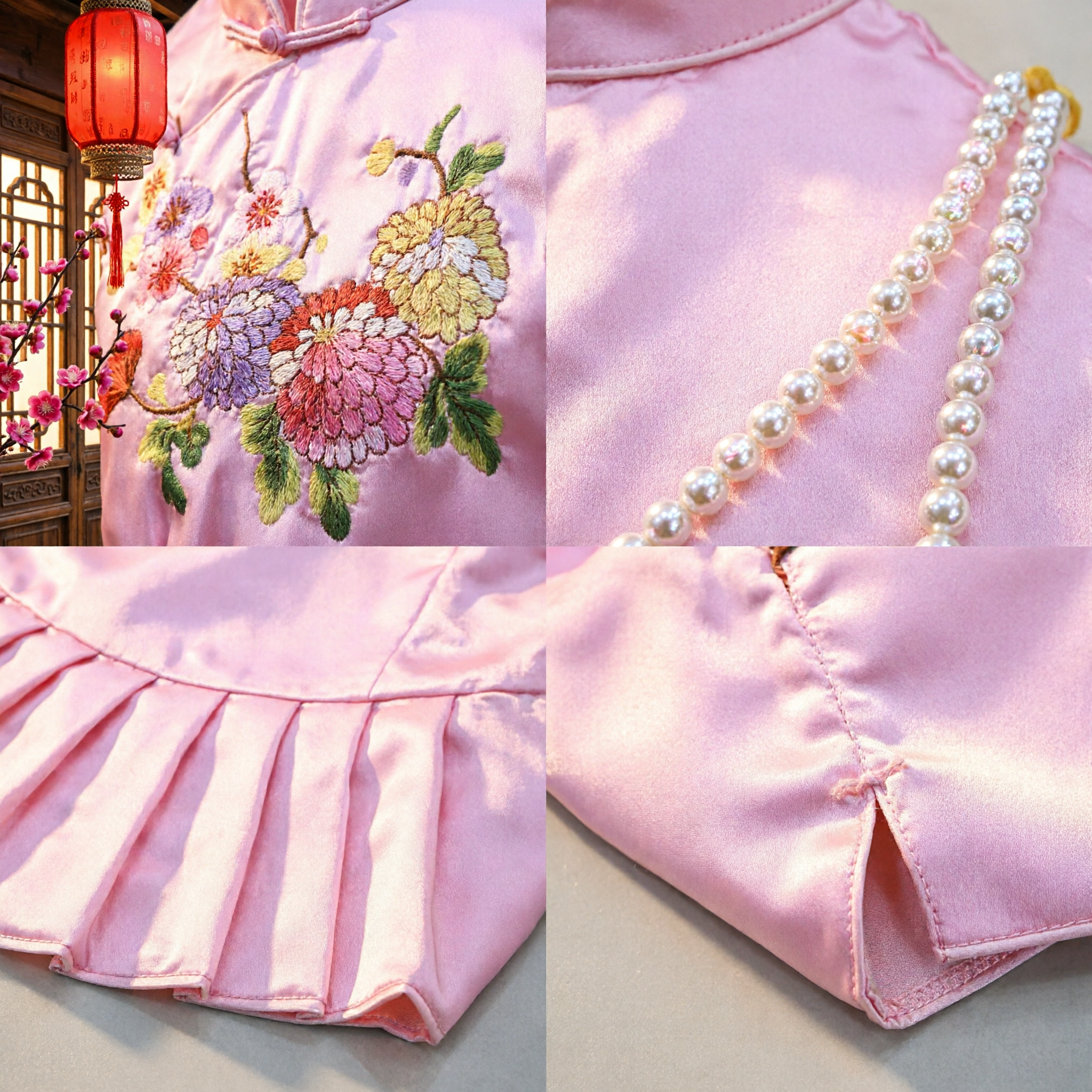 Pink Silk Embroidered Floral Cloud Collar Traditional Chinese Baby Bib for Girl Hanfu Costume