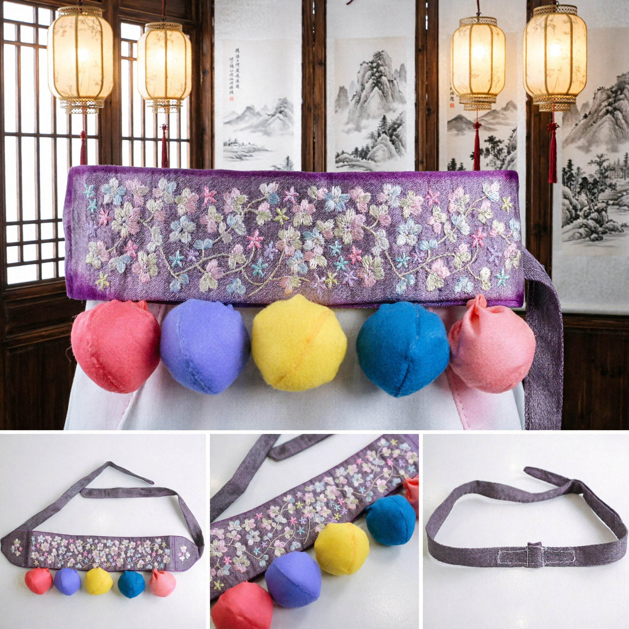 Traditional Korean Hanbok Waist Belt Purple Floral Embroidery with Colorful Fabric Balls Costume Accessory for Women