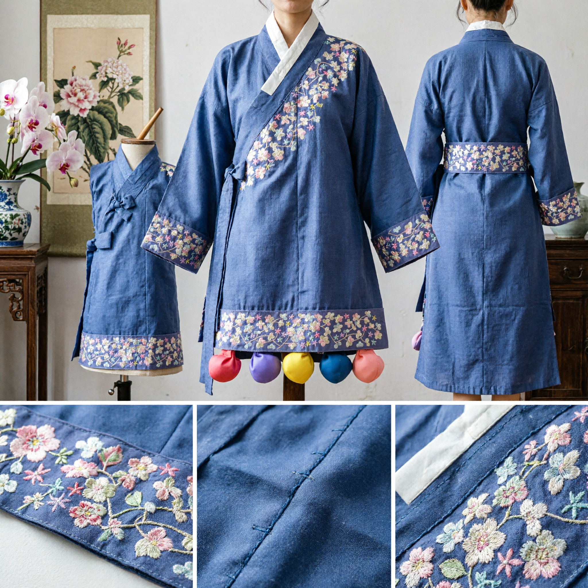 Traditional Korean Tteogji Hair Ribbon with Floral Embroidery and Colorful Silk Balls for Women Hanbok