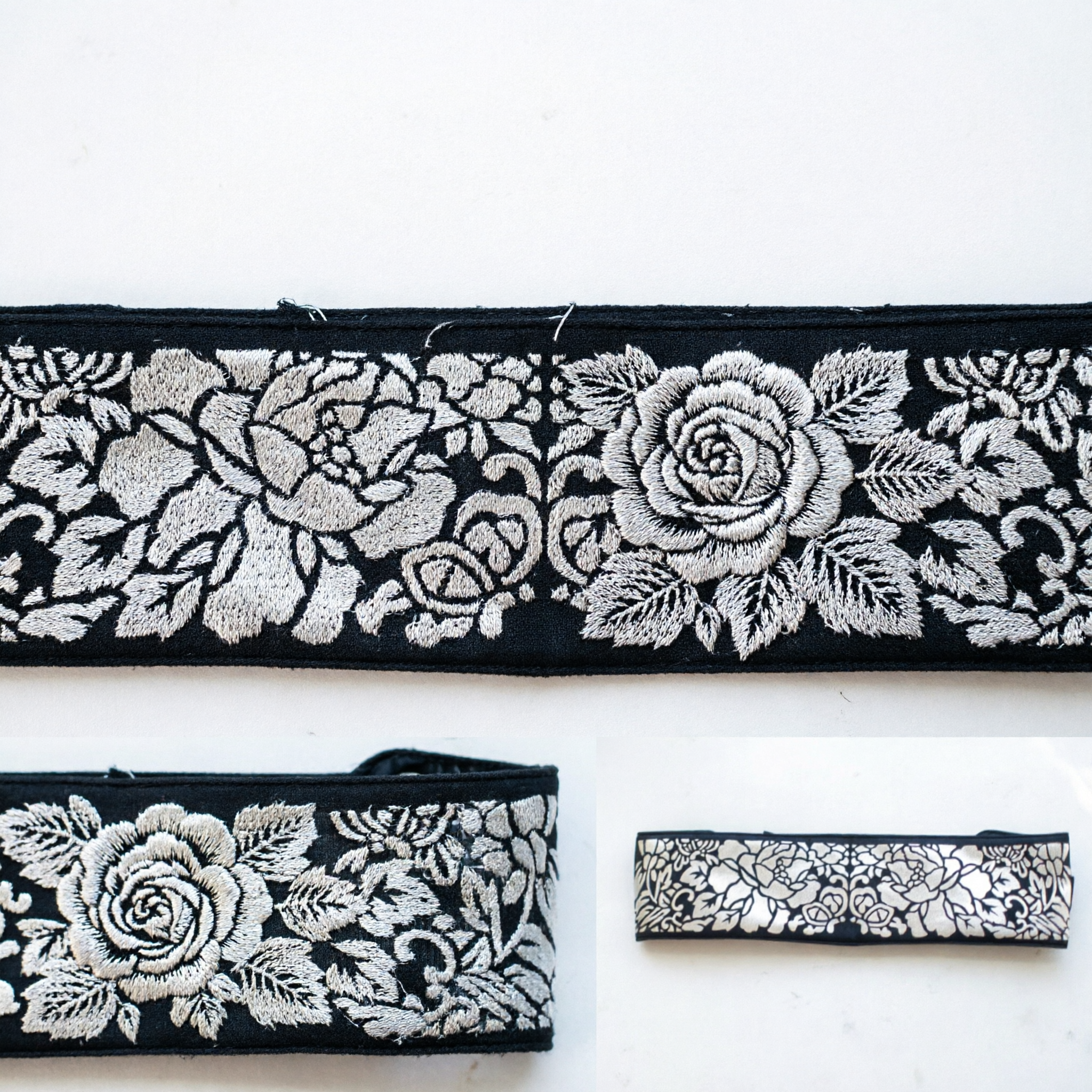 Traditional Chinese Black Silver Floral Brocade Trim Ribbon for Hanfu Qipao Costume DIY Accessories