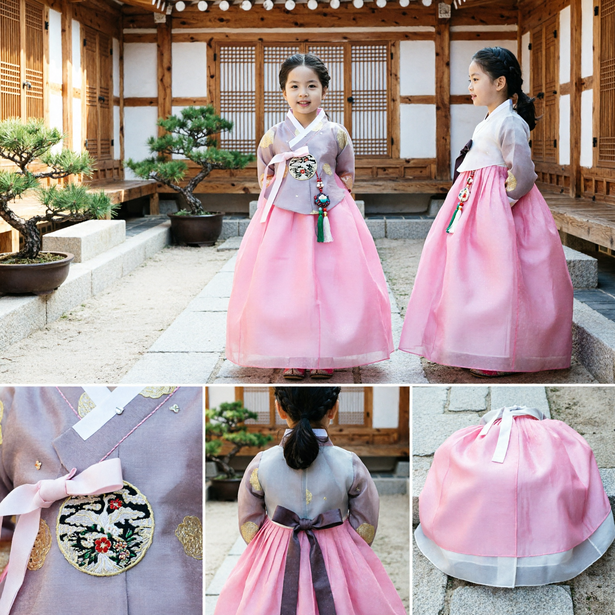 Kids Korean Hanbok Traditional Dress Purple Top Pink Skirt for Girls Wedding Birthday Ceremony Costume