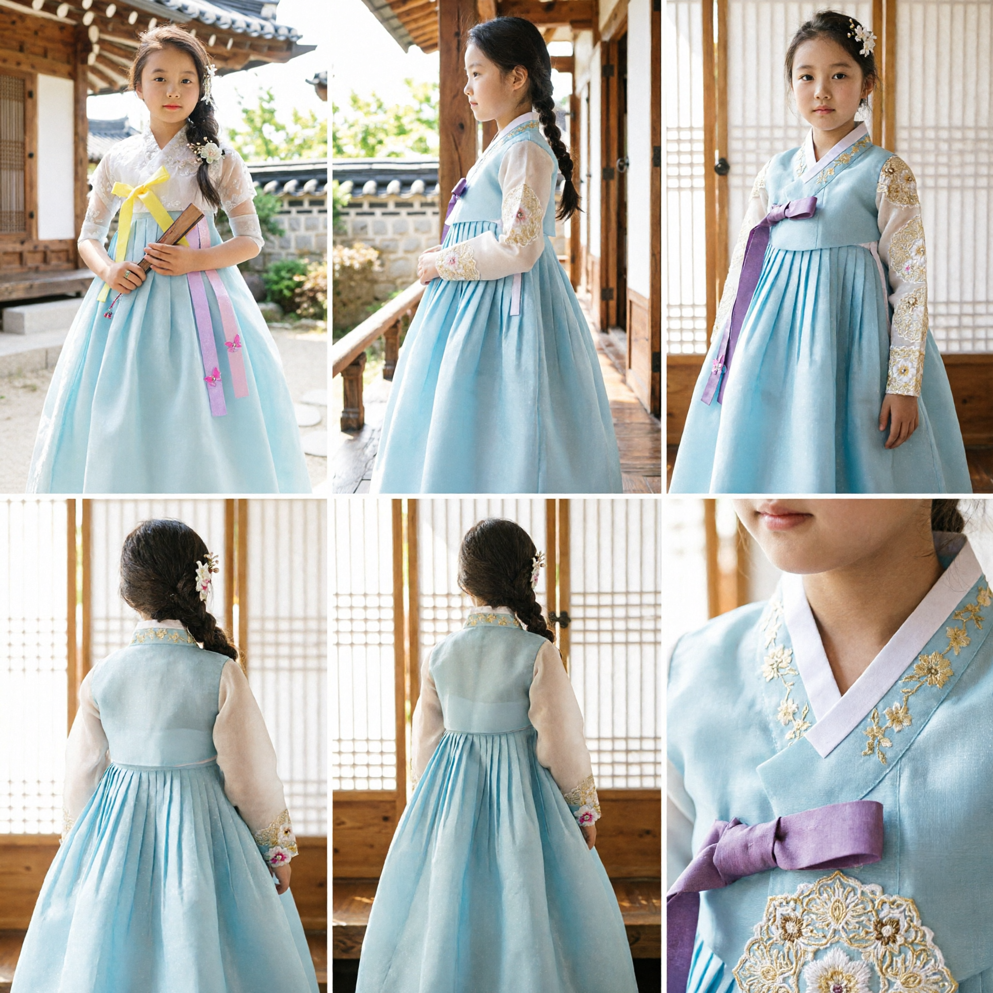 Traditional Korean Hanbok for Girls Kids Blue Skirt White Lace Top Festival Wedding Costume
