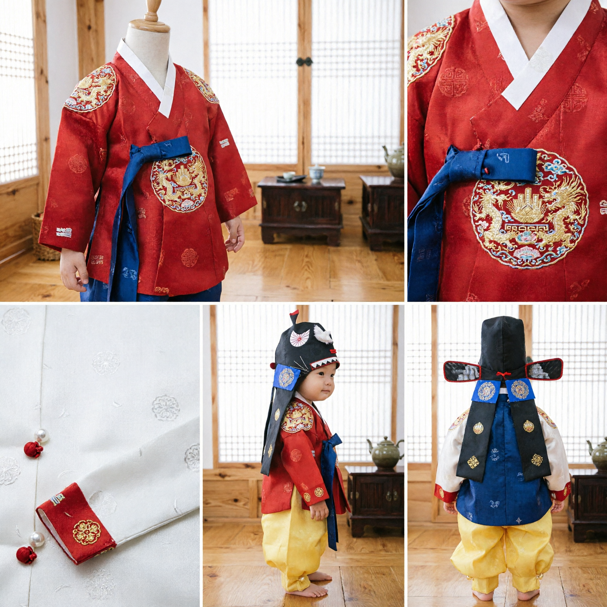 Traditional Korean Baby Boy Hanbok for First Birthday Doljanchi Celebration Red Jacket Yellow Pants