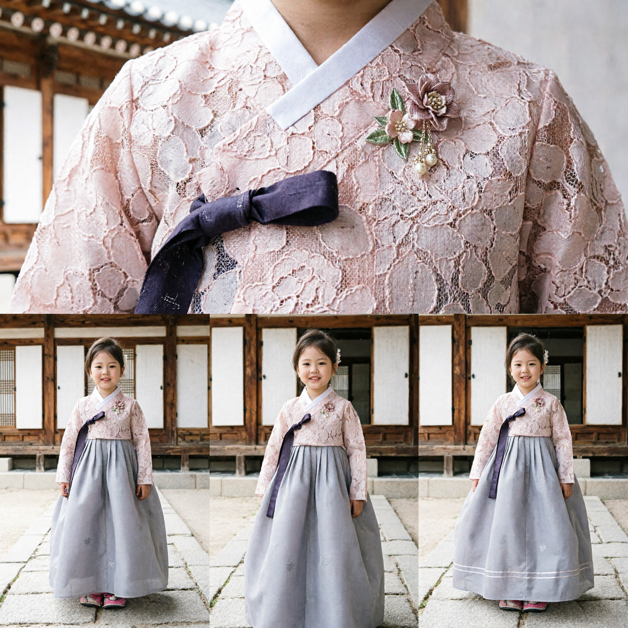 Traditional Korean Hanbok for Girls Pink Lace Jeogori Grey Chima Set for Wedding and Doljanchi