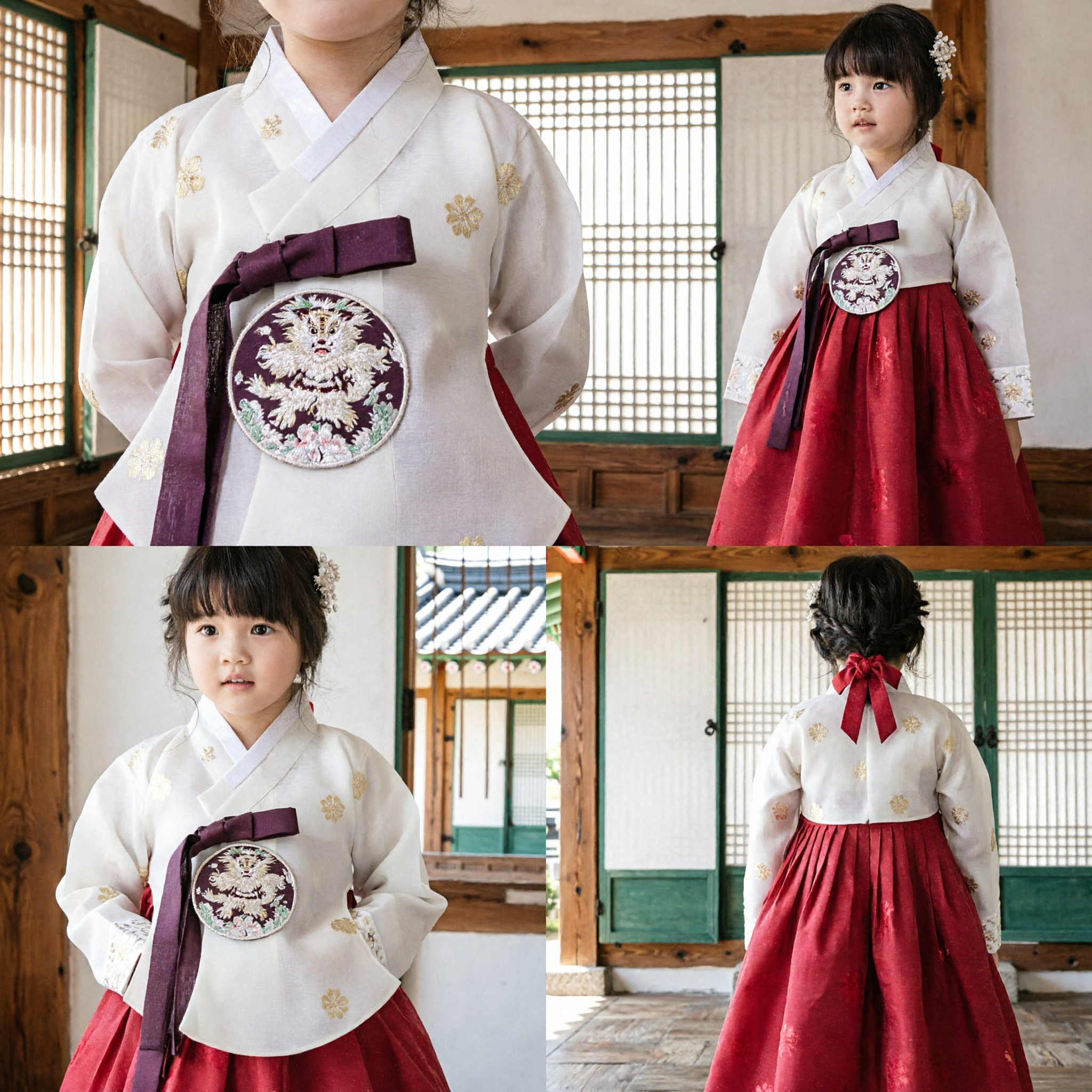 Elegant Kids Korean Traditional Hanbok Dress White Top Red Skirt for Holidays and Ceremonies