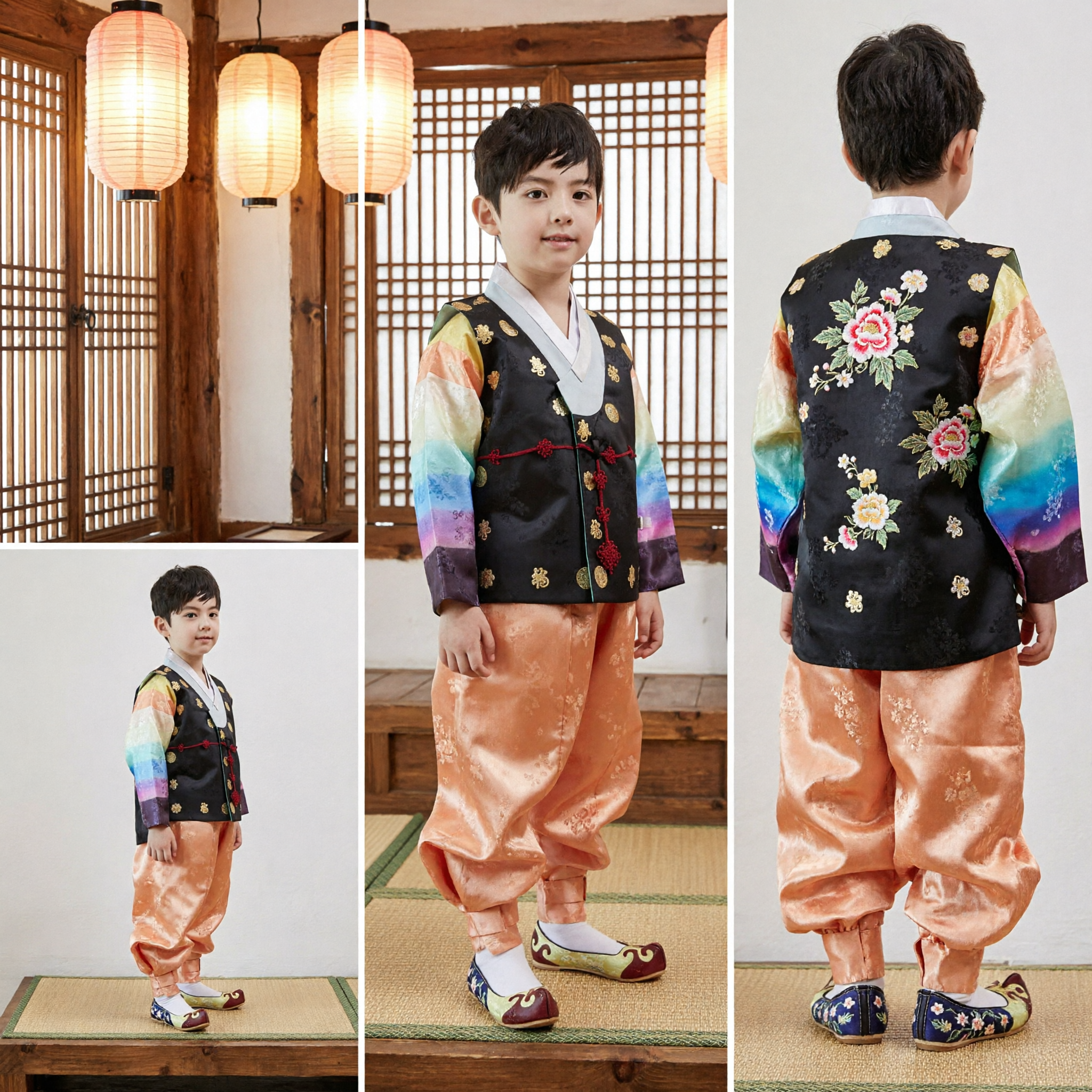 Boys Traditional Korean Hanbok Costume Set Black Gold Embroidery Vest Orange Pants Holiday Birthday Outfit