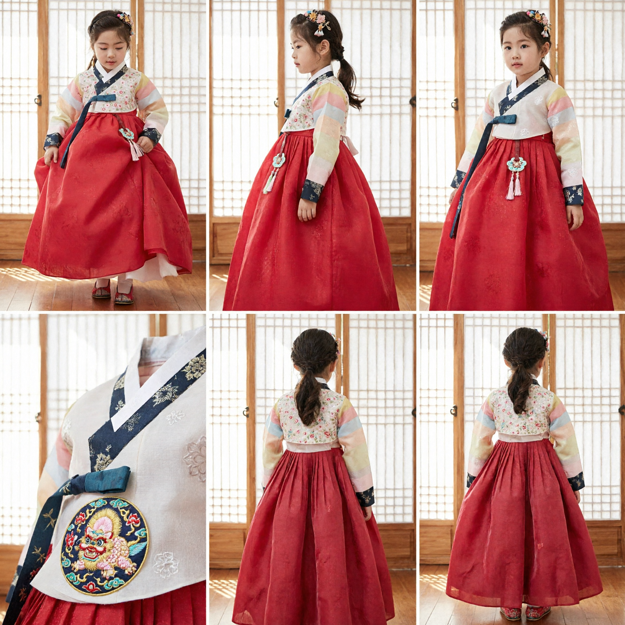 Traditional Korean Hanbok for Girls Kids Folk Costume Red Skirt Floral Top Wedding Holiday Dress