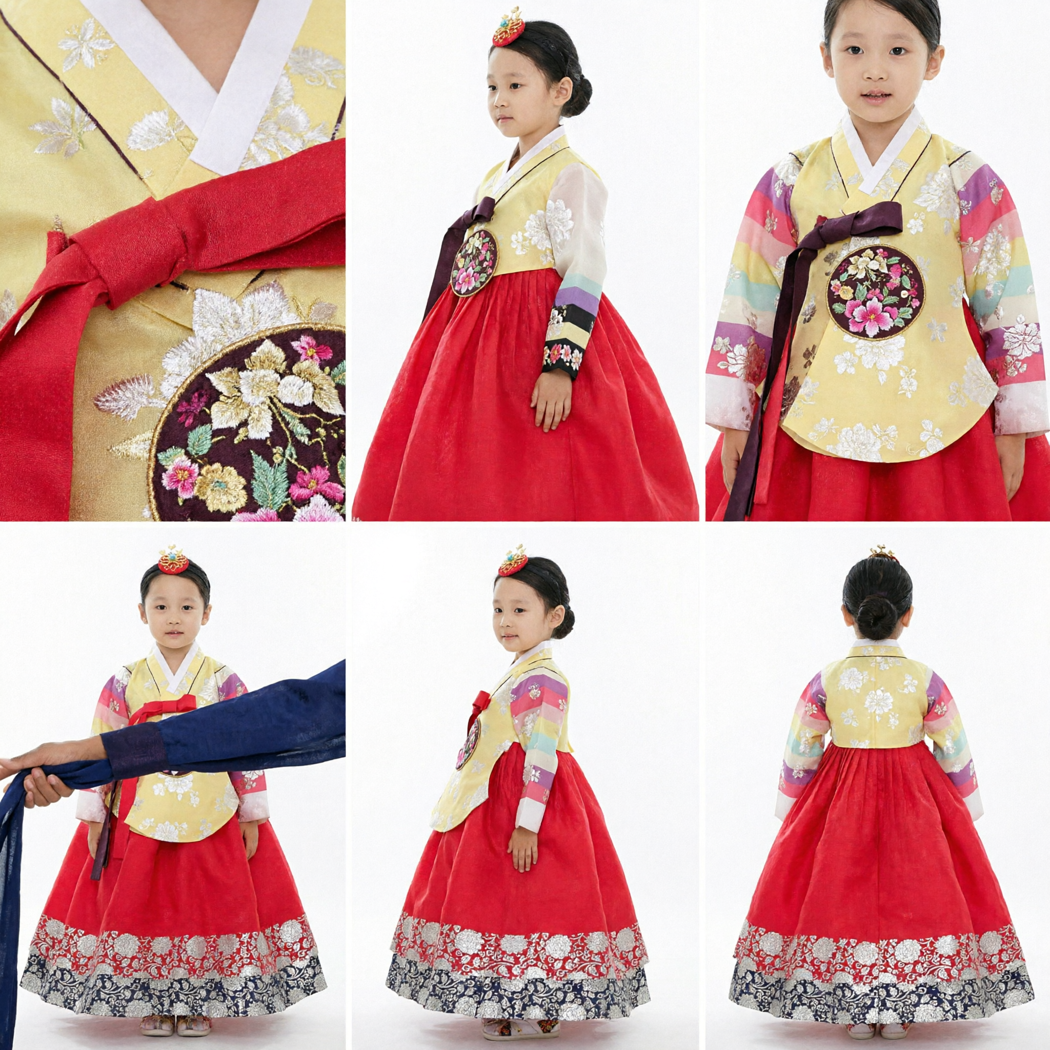 Traditional Korean Hanbok for Girls Yellow Rainbow Jeogori Red Skirt Embroidered Kids Festival Costume Dress